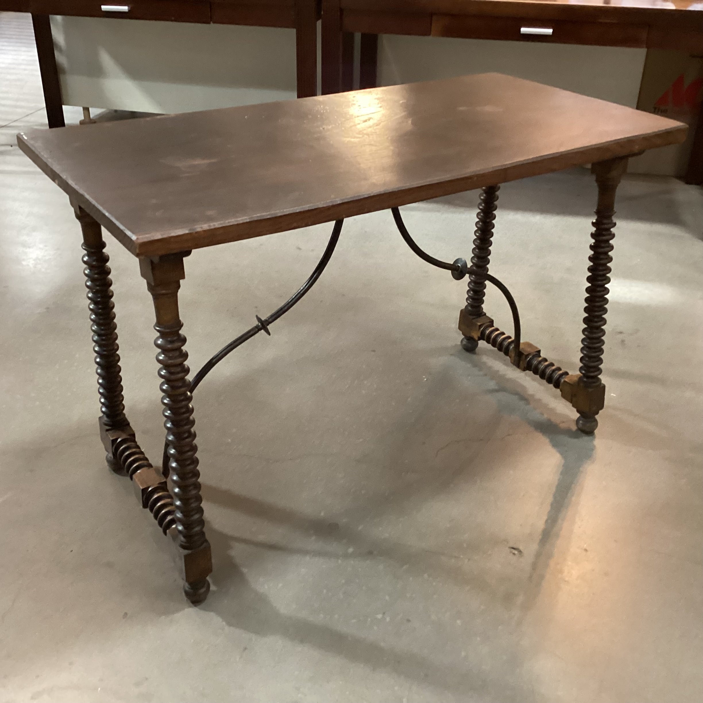 Antique Dark Finish Wood with Bobbin Turnings & Iron Stretchers Accent Table 44.5"x 22"x 28.5"