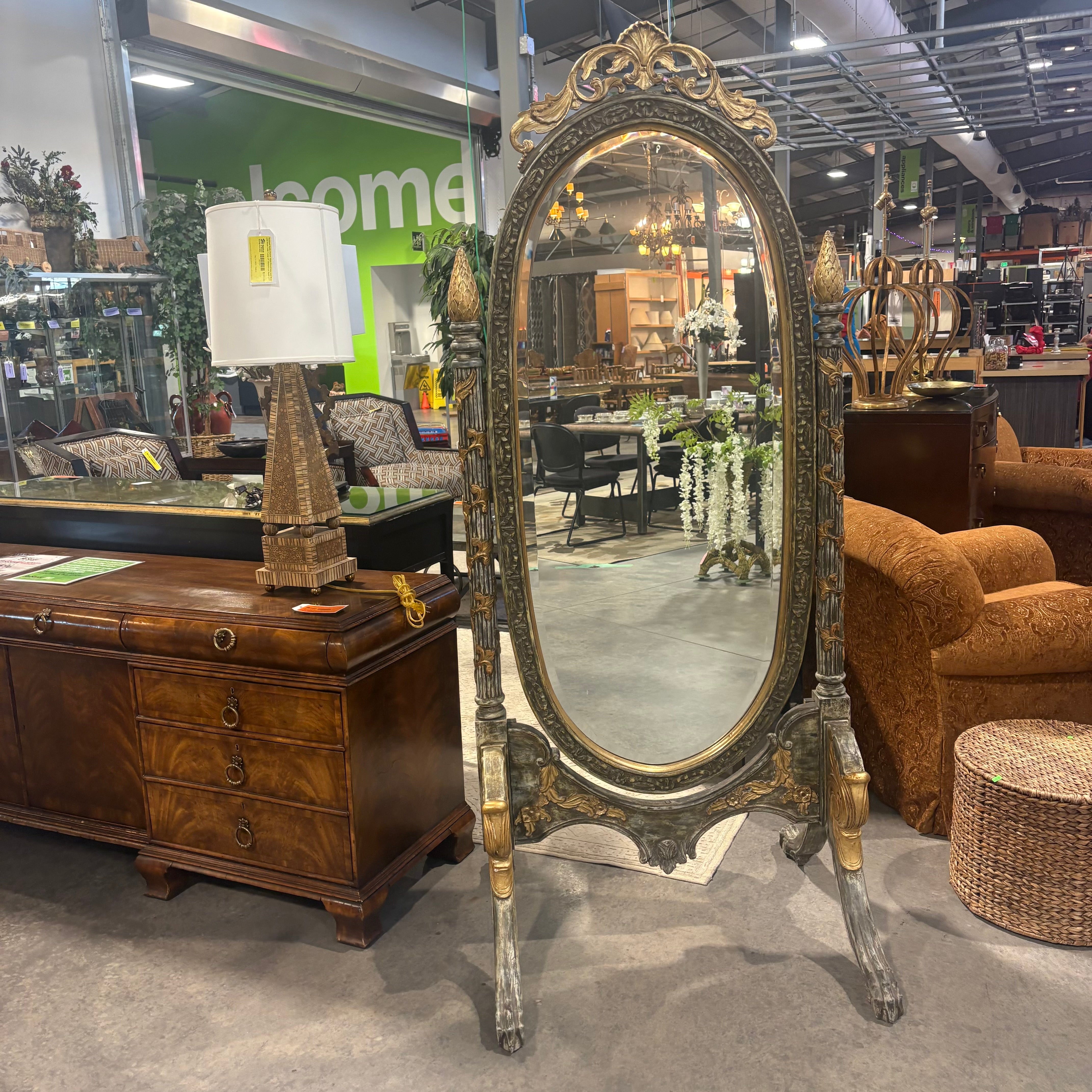 Antique French Style Ornate Silver and Gold Claw Foot Free Standing Mirror 32.5” x 77”