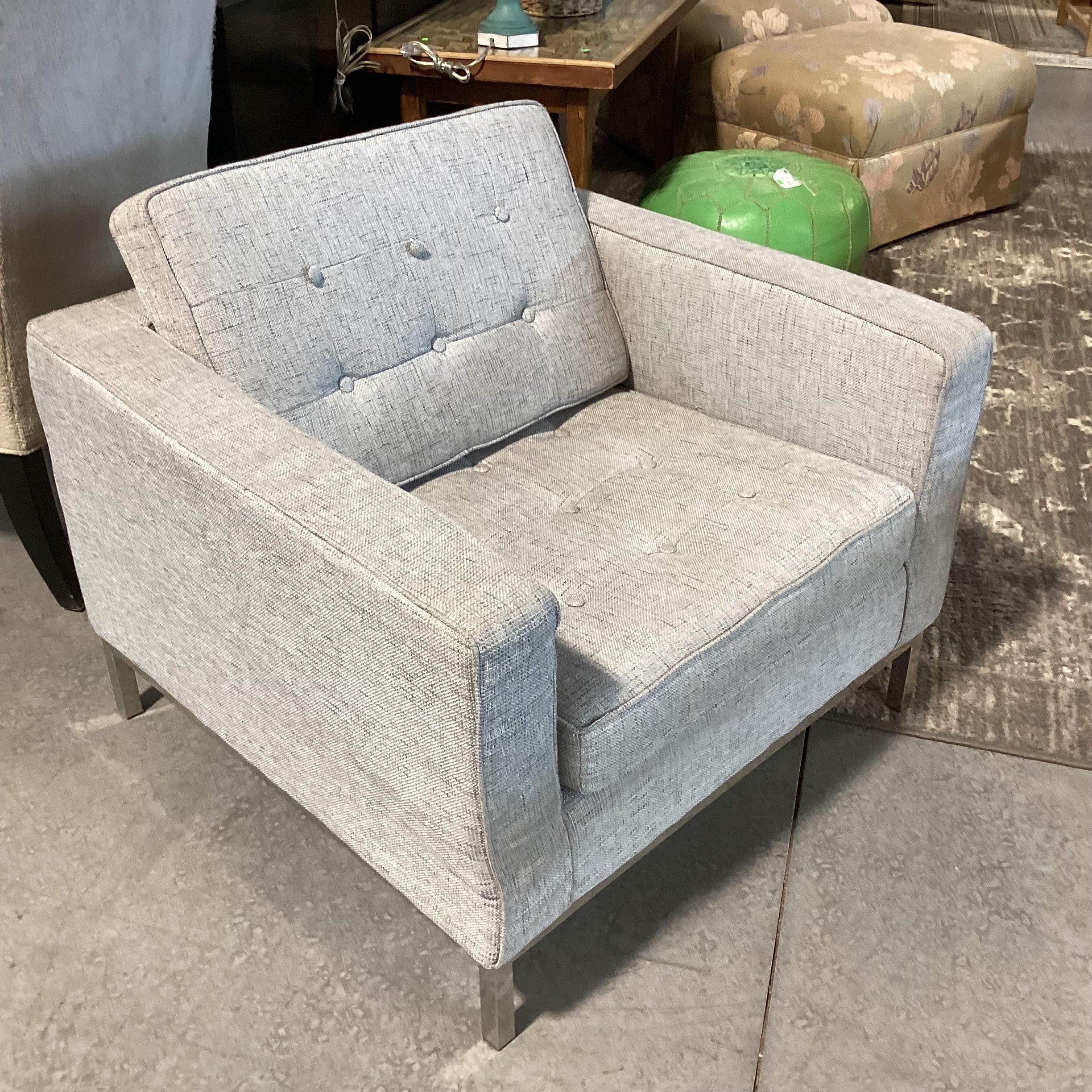 Modern Heathered Grey Woven Button Tufted & Chrome Chair 31"x 19"x 28.5"