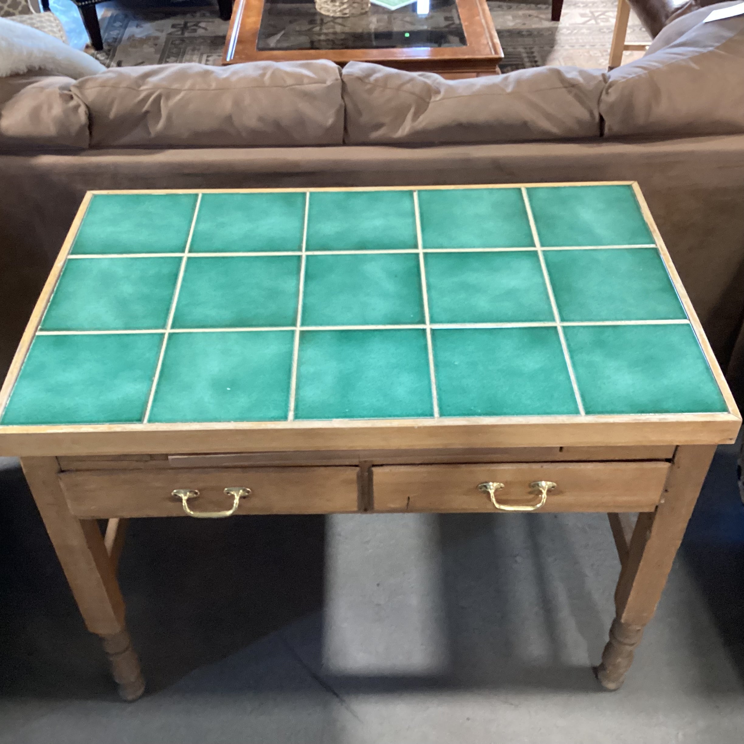 Vintage Natural Wood with Green Tile Inset Top 2 Drawer Kitchen Island Table 41.5"x 25.5"x 30.5"