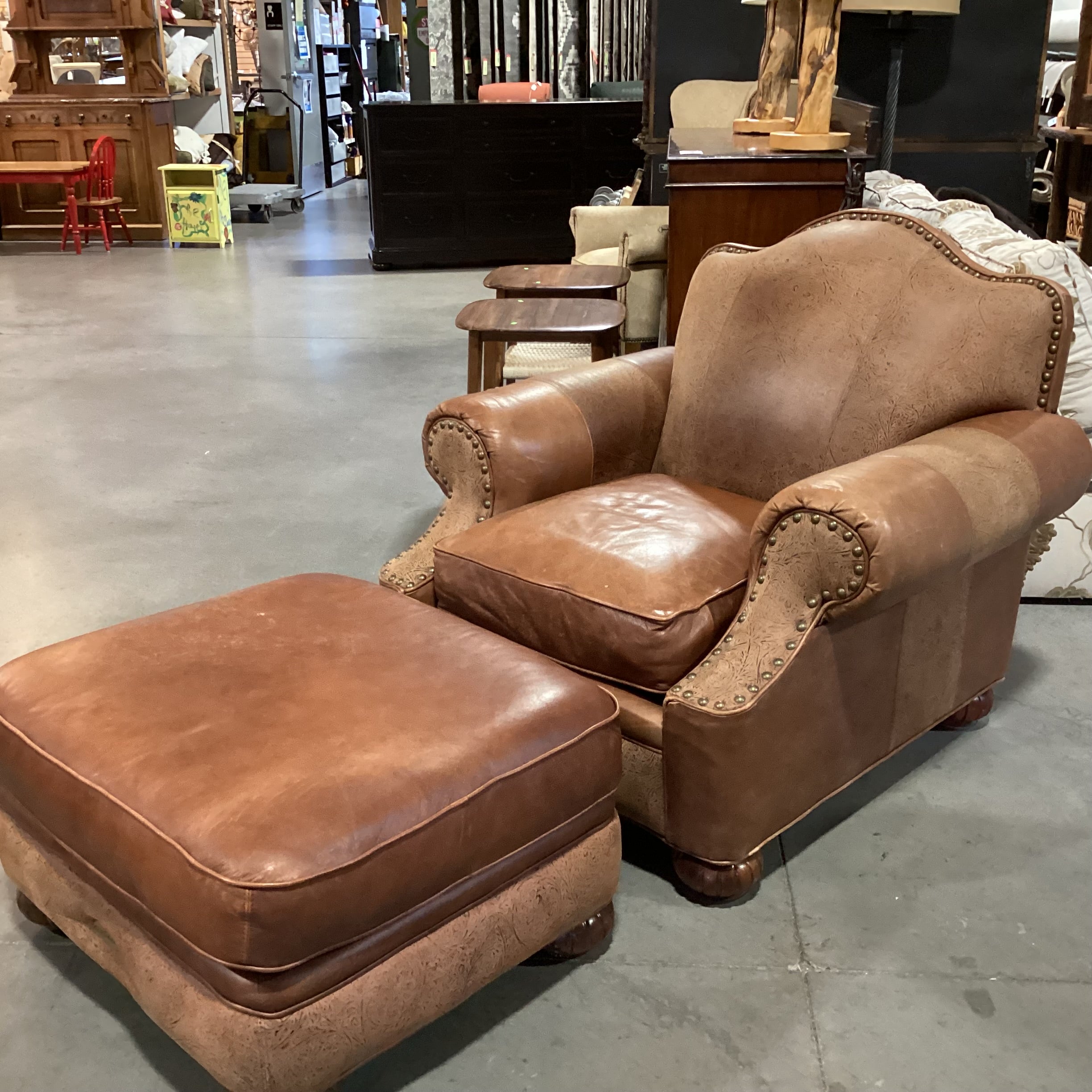 Bab Timberlake for Lexington Leather Nailhead Embossed Detail with Ottoman Chair 39"x 39"x 36"