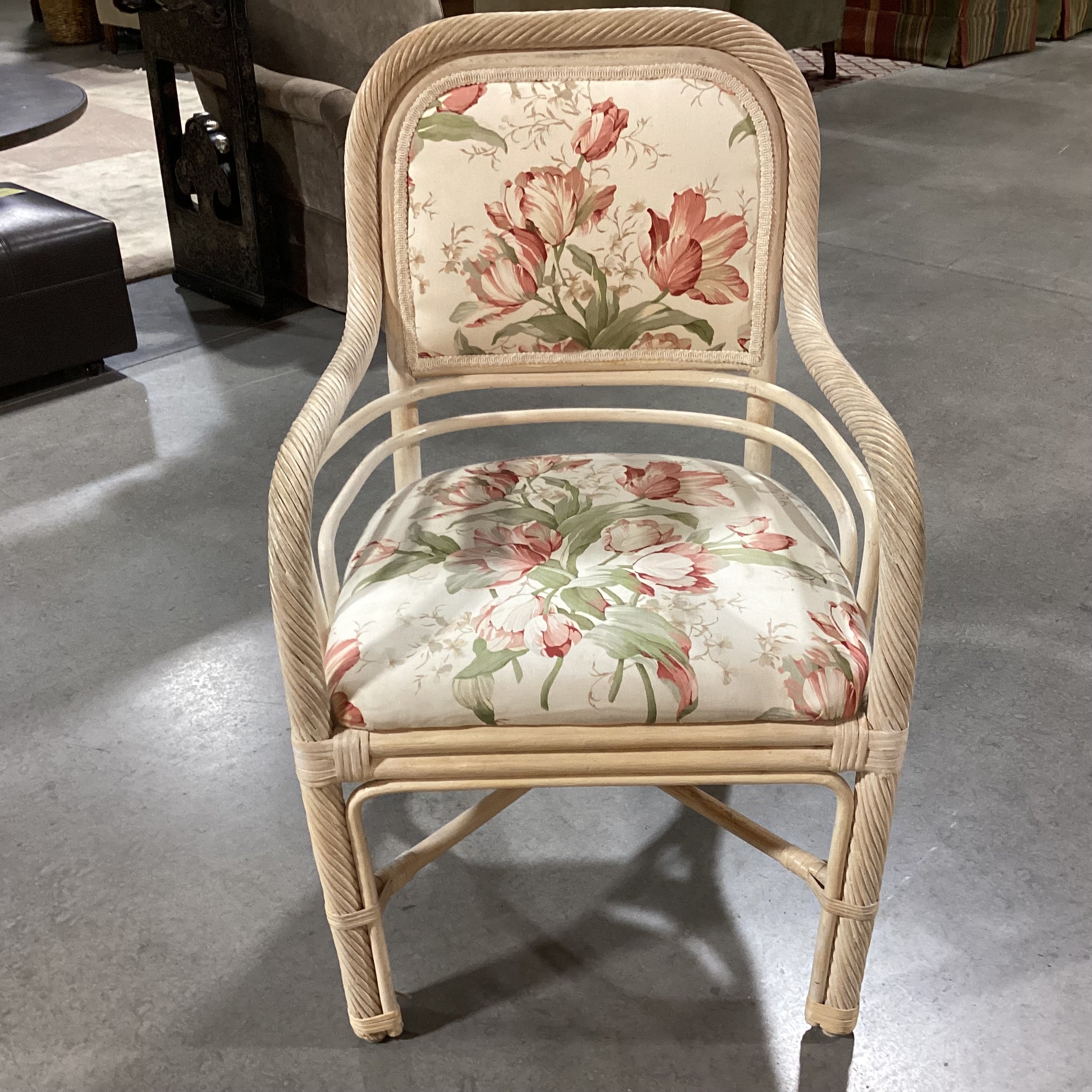White Washed Rattan & Floral Linen Arm Chair 22"x 22"x 36.5"