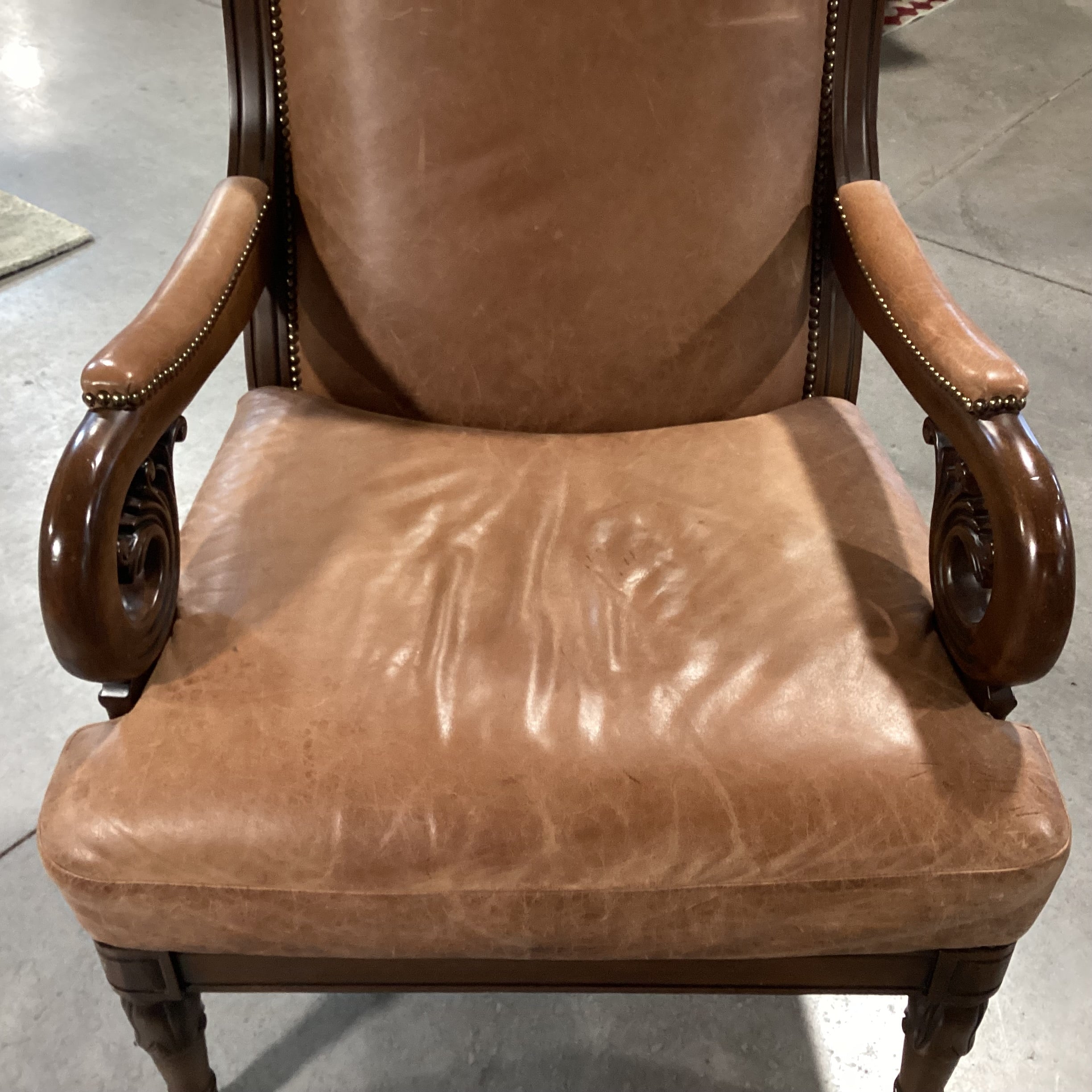 Carved Scroll Arm & Leather Nailhead Chair 29"x 33"x 39"