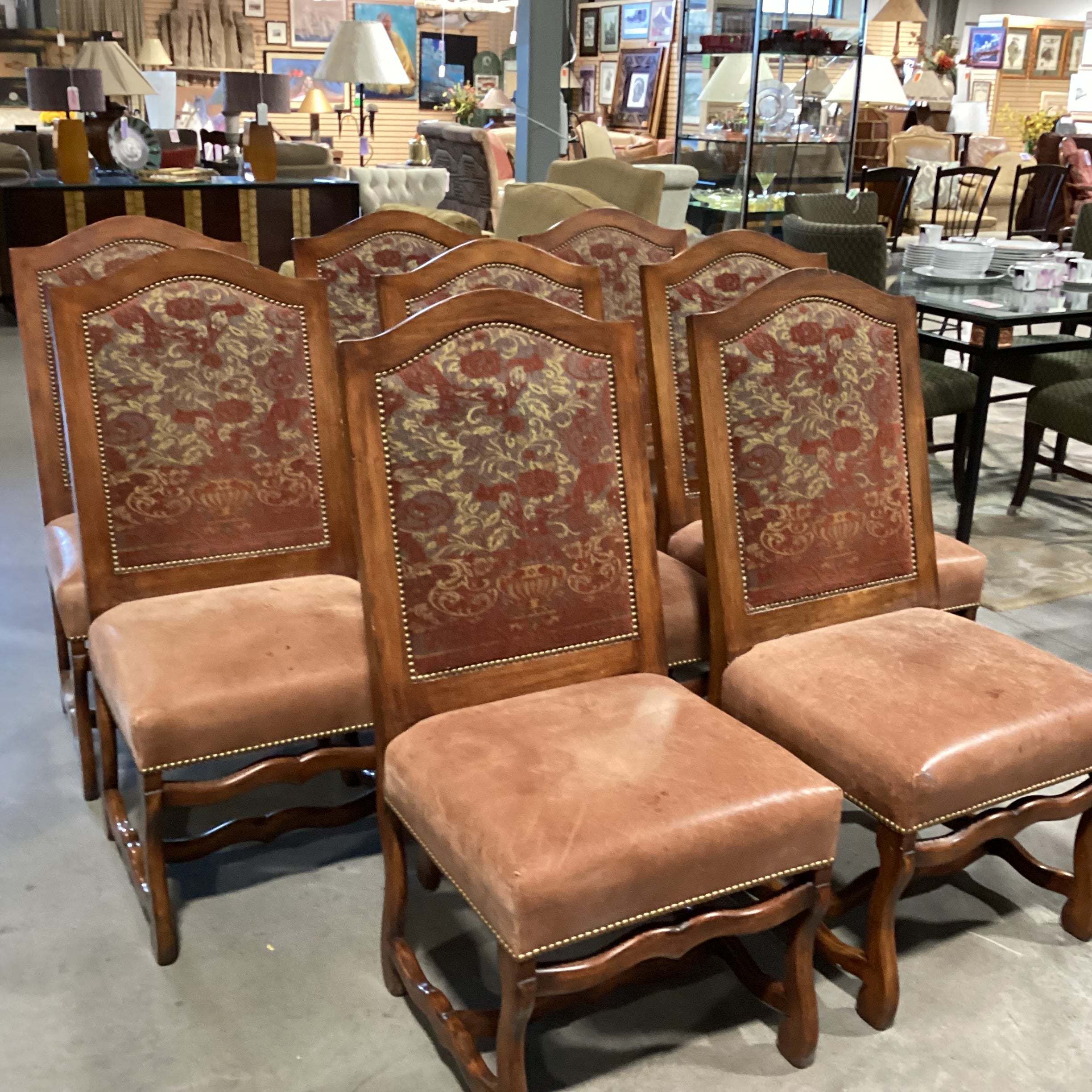 SET of 8 Gina B Custom Carved Wood Leather & Upholstery Nailhead Dining Chair 22"x 24"x 43"