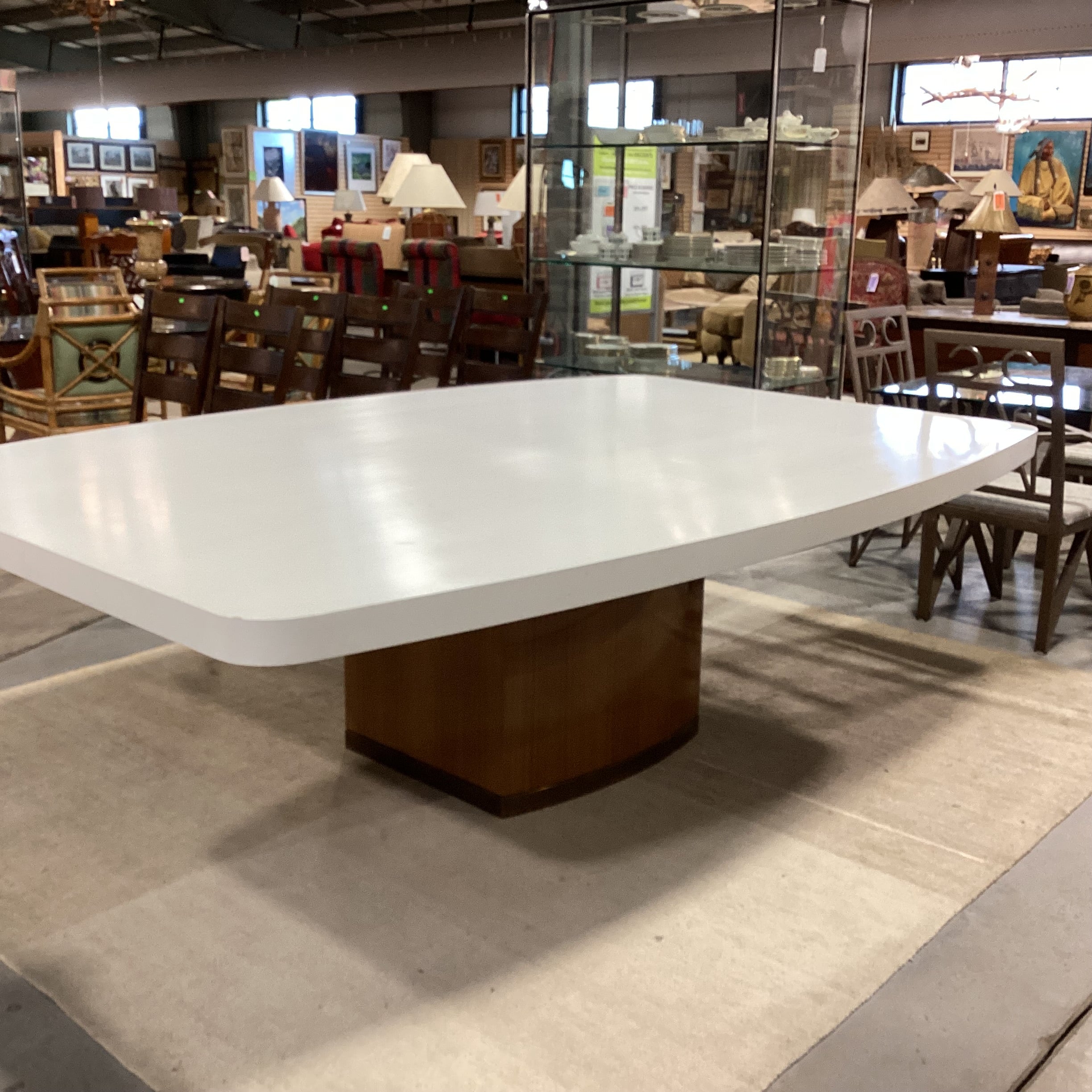 Custom Wood Veneer Brass White Lacquer & Glass Top Dining Table 66"x 66"x 29"
