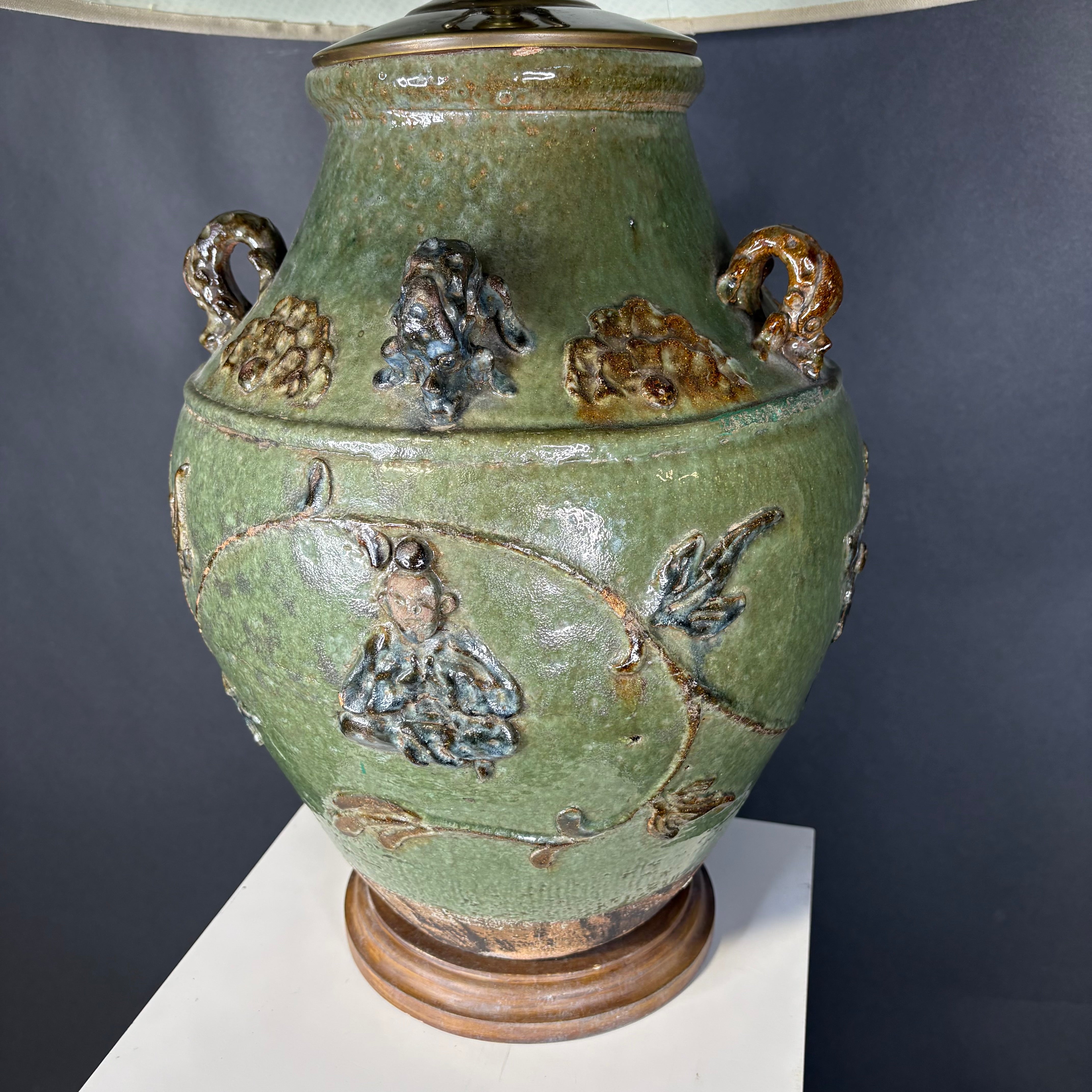 Oriental Ornate Green and Brown Glazed Ceramic Jug with Shade Table Lamp 18” Diameter @ Shade x 29”