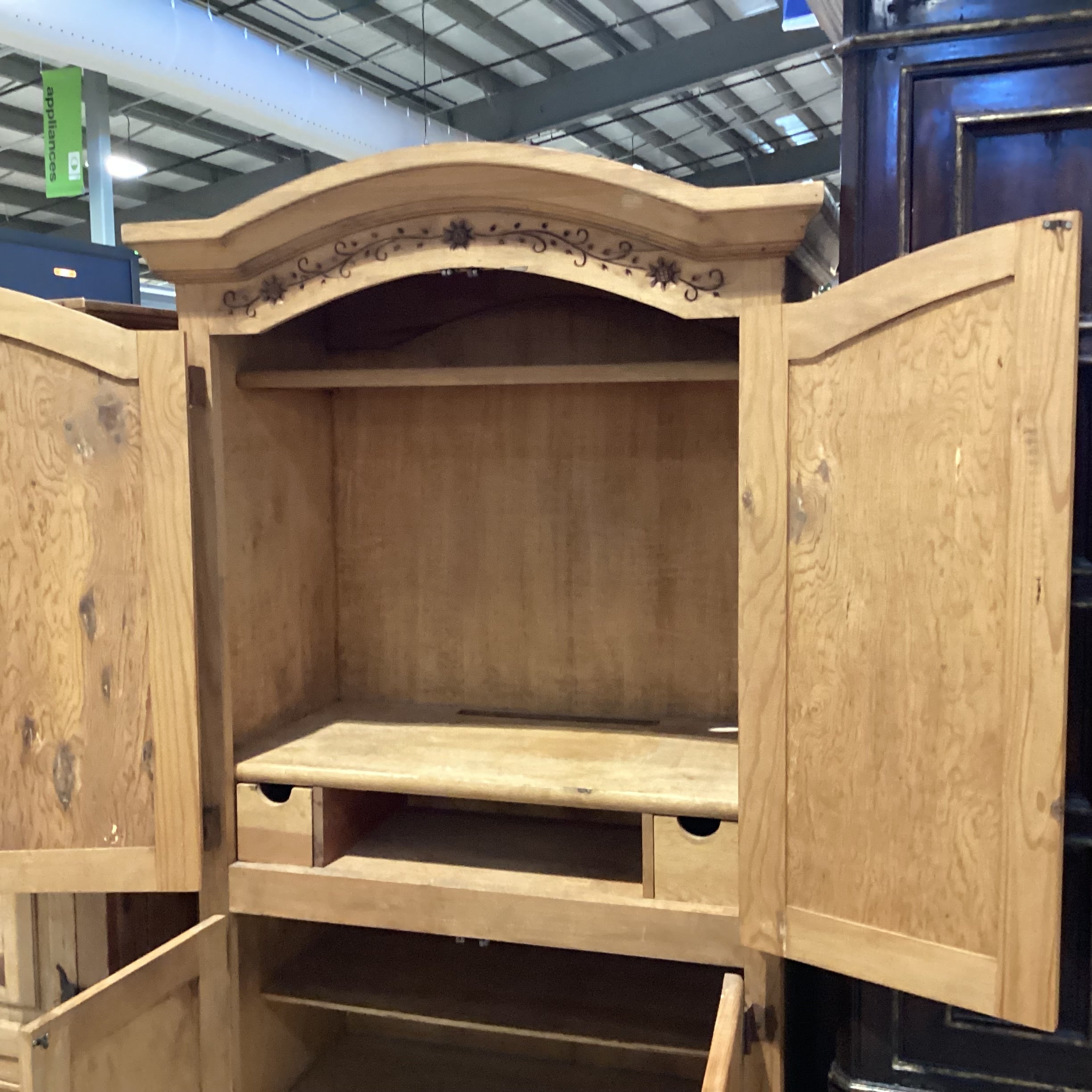 Arched Rustic Natural Carved Wood 4 Door with Shelves & 2 Drawer Armoire 48.5"x 26"x 80.5"