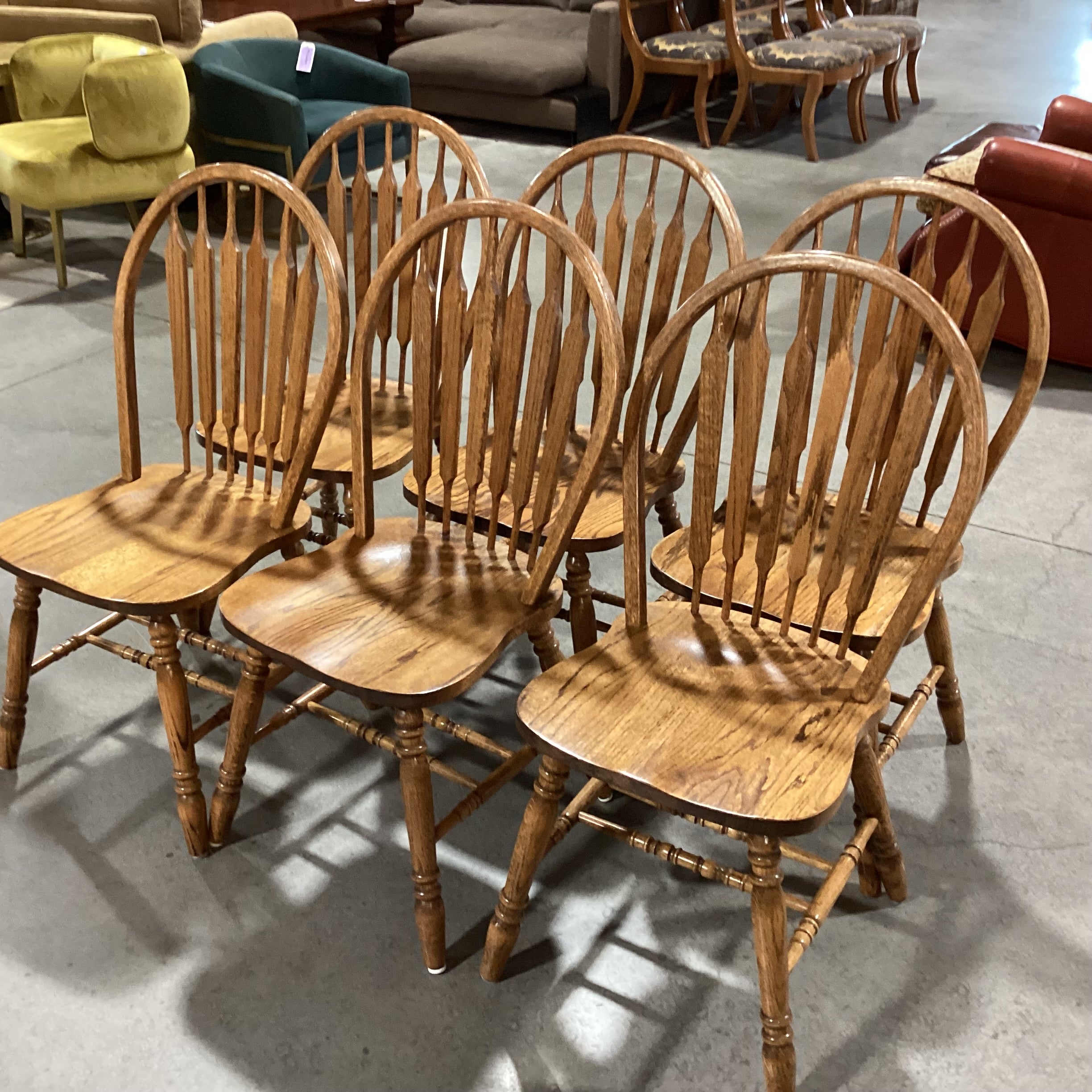 SET of 6 Solid Oak Arched Slat Back Dining Chairs 18"x 18"x 38"