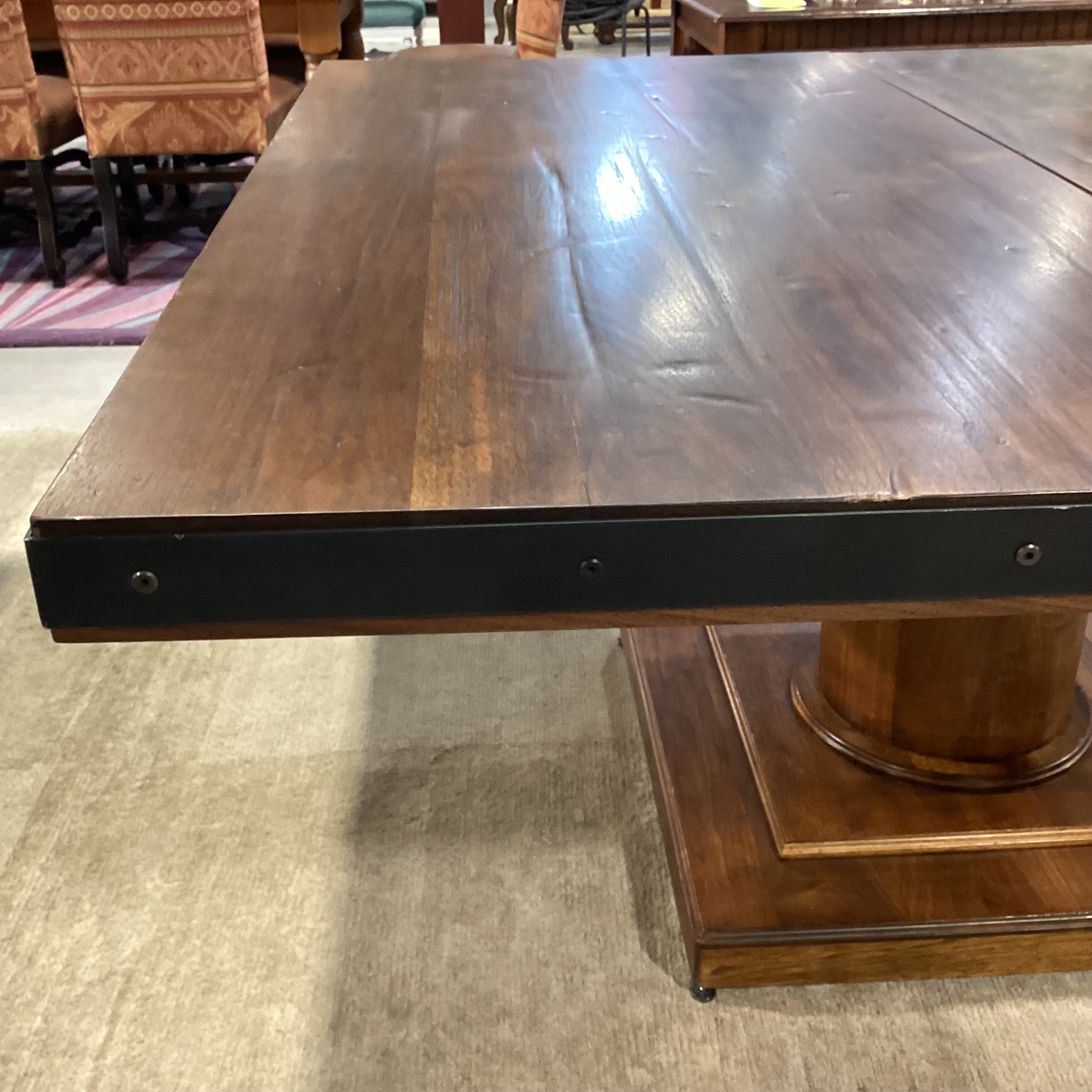 Custom Walnut & Iron Nailhead Edge with Pedestal Dining Table 60"x 60"x 30.5"