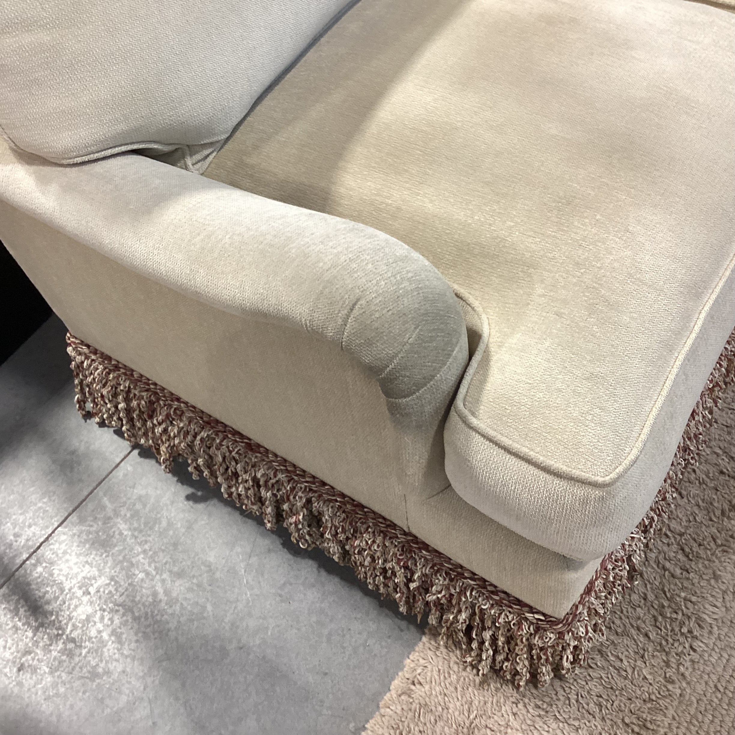 JJ Custom Cream Chenille Woven with Fringe Down Mix Sofa 96"x 42"x 31"