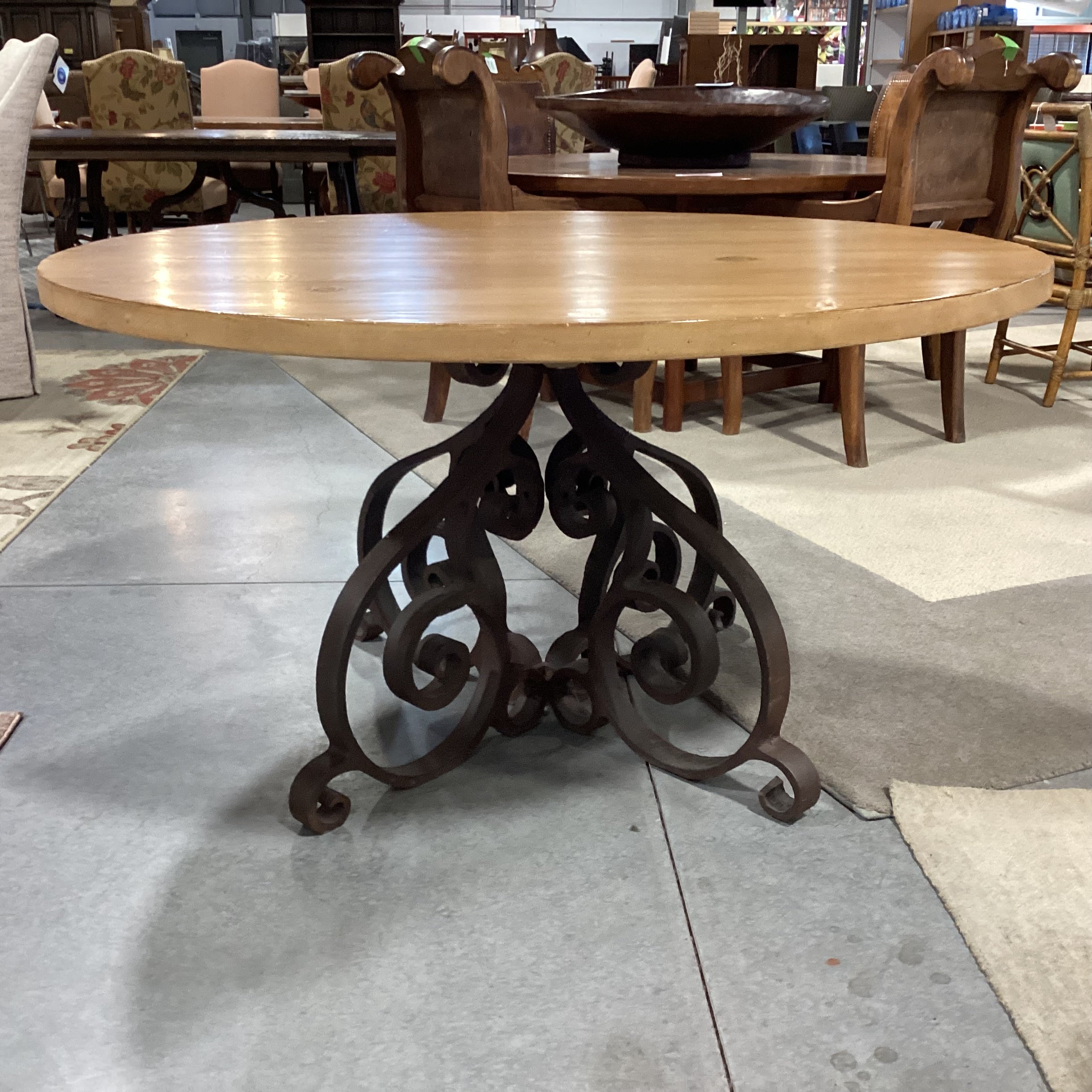 Round Pine Plank & Heavy Ornate Iron Dining Table 54" Diameter x 29.5"