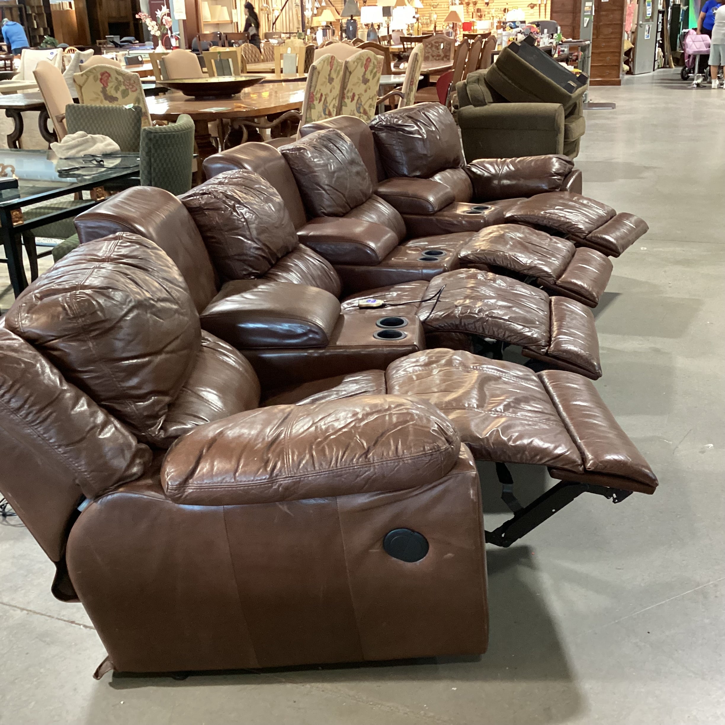 Benson Home Palliser Amaretto Leather 7 Piece with 4 Power Recliners & 3 Consoles Theater Sectional 157"x 41" to 69"x 36"th