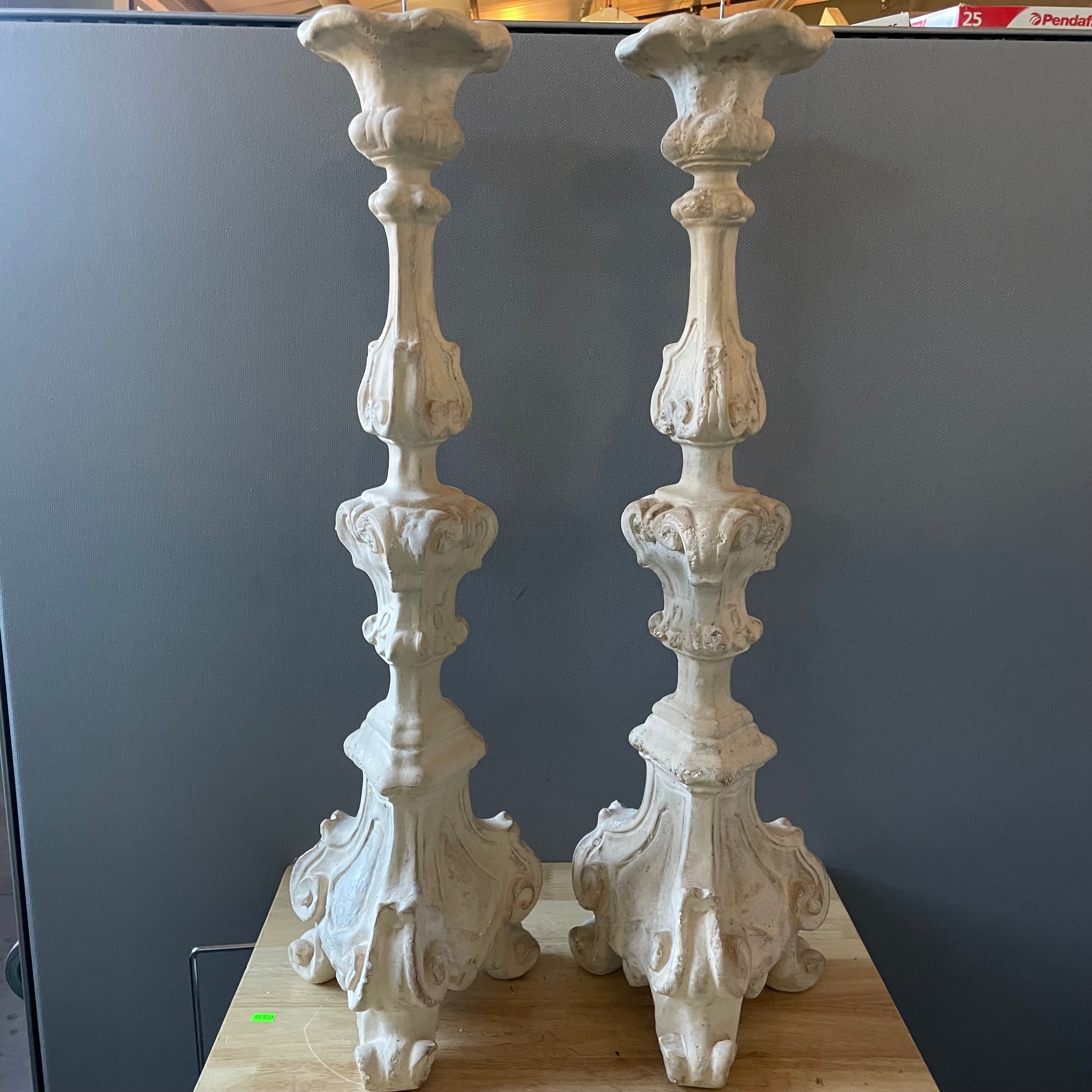 Vintage Baroque Style Composite Floor Candlesticks, Pair, 9.5"x 32"