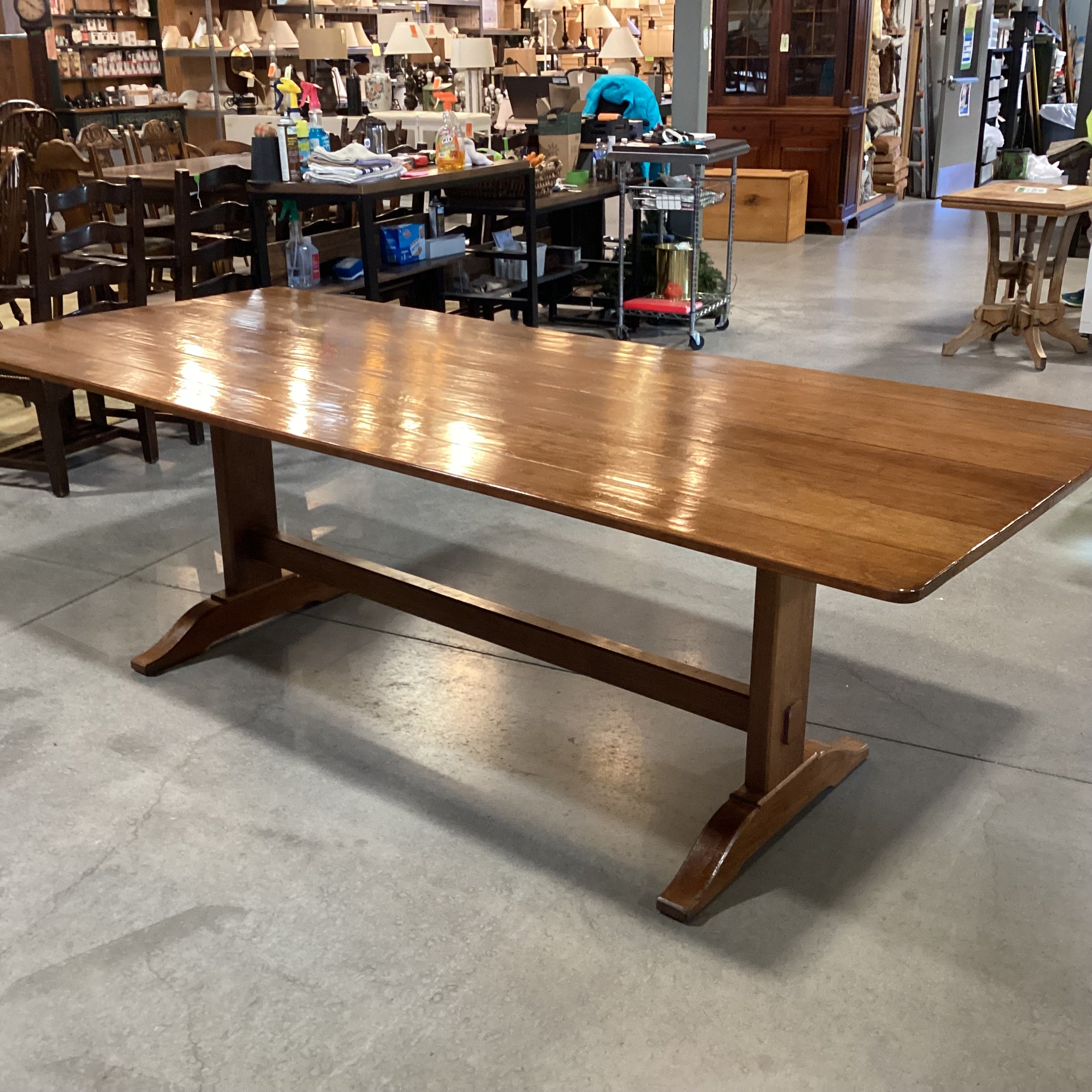 Distressed Finished Plank Top & Trestle  Base Dining Table 93"x 39.5"x 30"