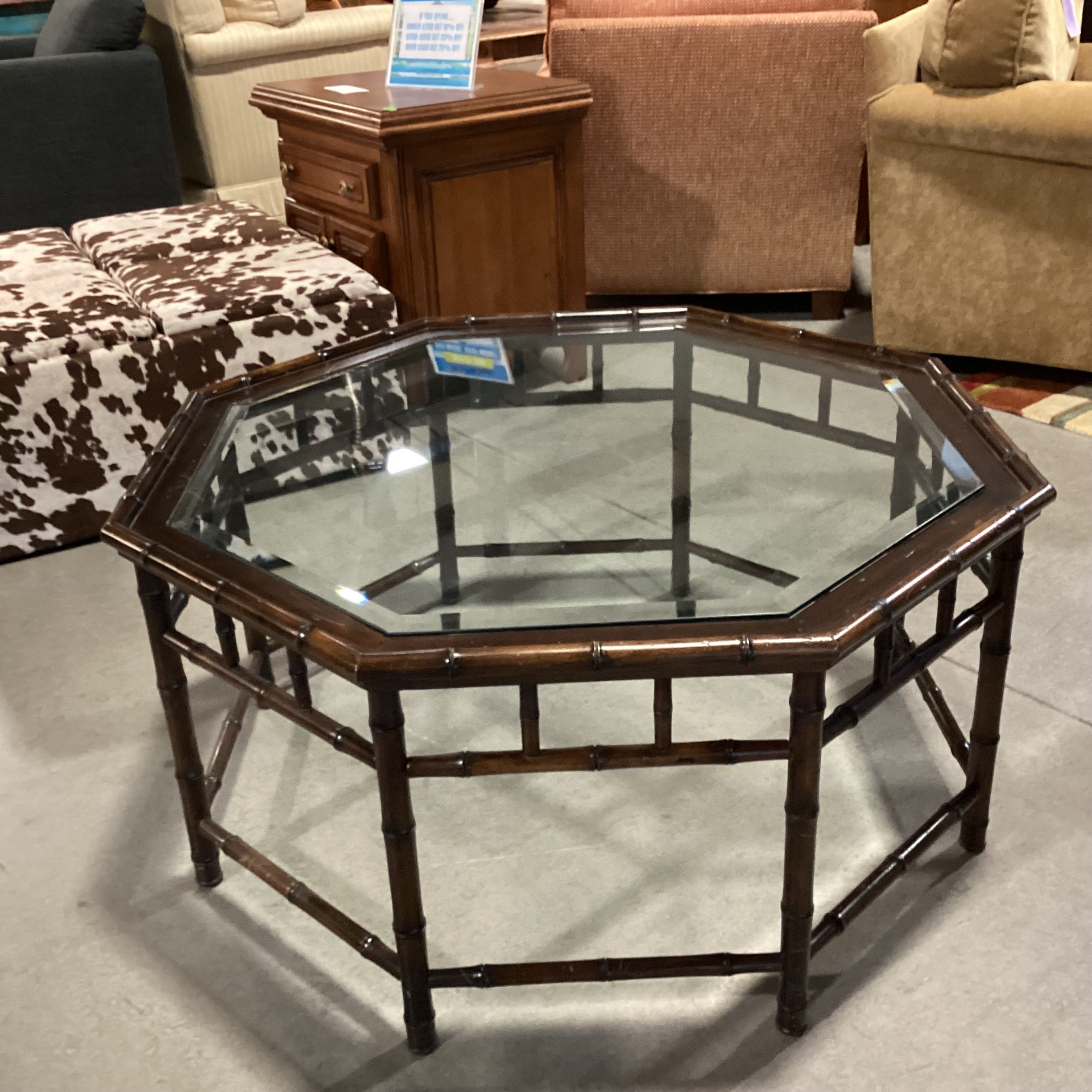 Vintage Hollywood Regency Bamboo Style Wood & Glass Octagonal Coffee Table 40.5"x 40.5"x 20"