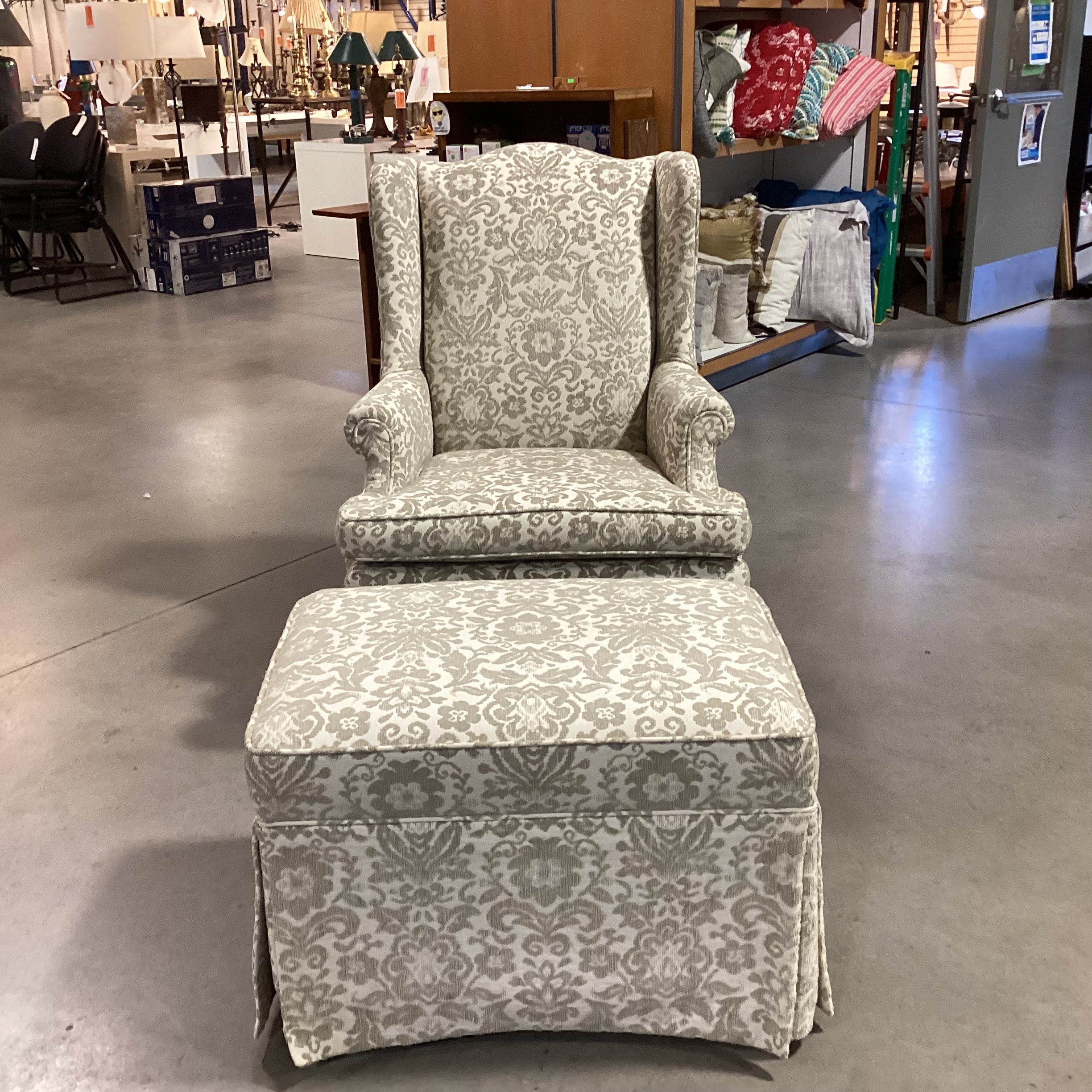 Sickles Custom Upholstery Cream & Raised Taupe Floral with Ottoman Wing Chair 33"x 34"x 43"