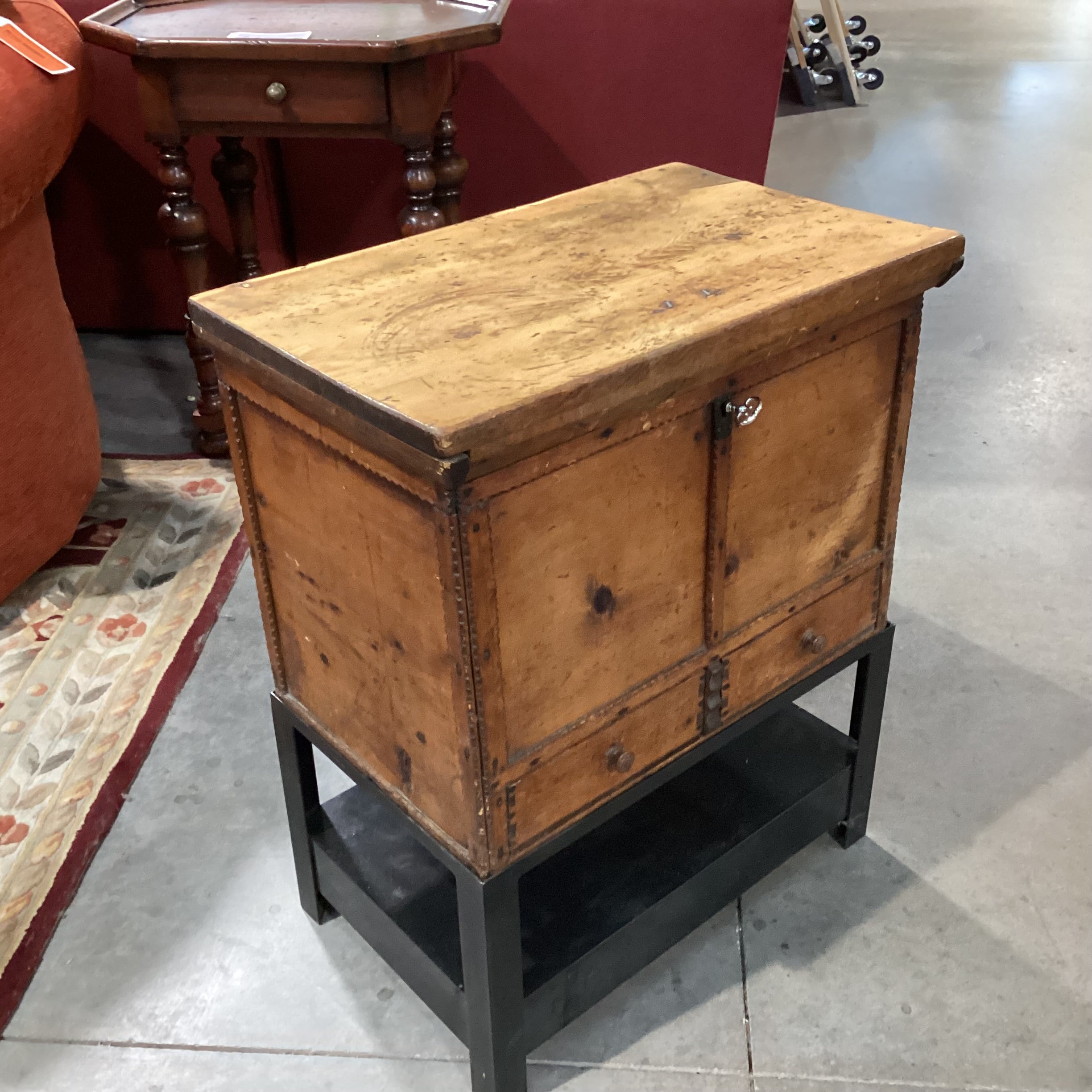 Antique Carved Wood with Metal Stand 2 Drawer & Storage Chest Trunk 22.5"x 14.5"x 28.5"