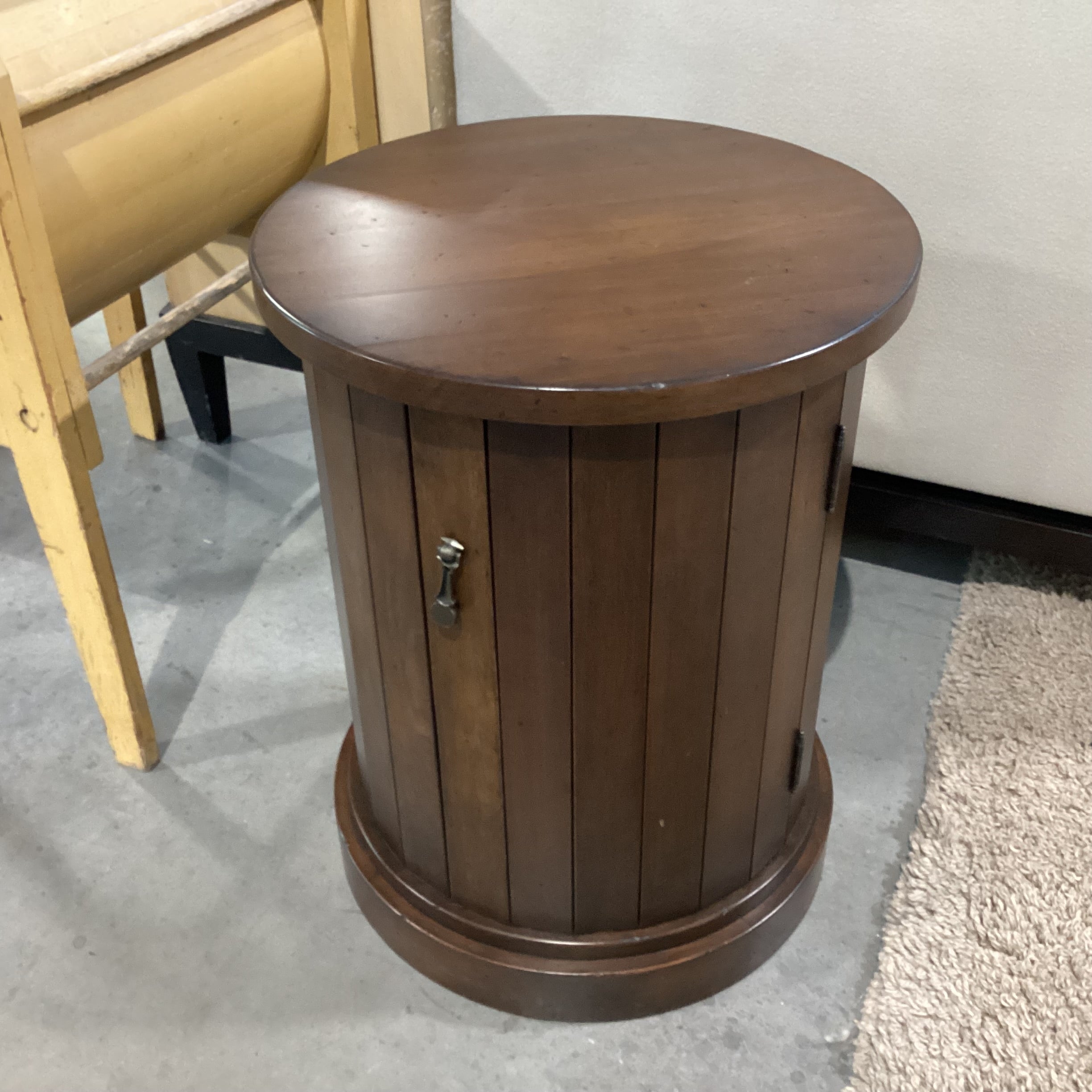 Dark Finish Column Round 1 Door Cabinet End Table 20" DIameter x 26"