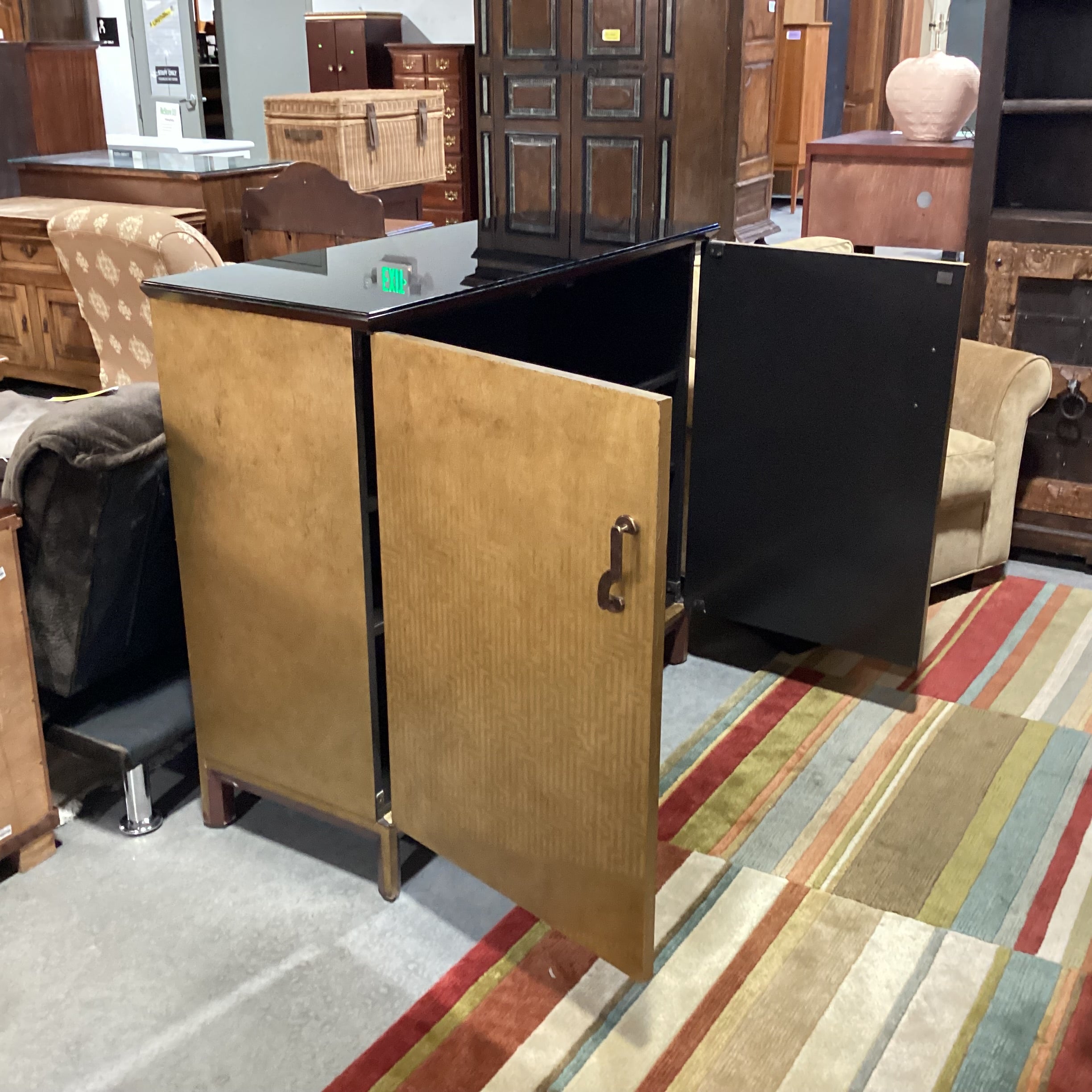 Asian Style Gold Painted Design with Brass Pulls & Black Glass Top 2 Door with Shelves Cabinet Console 49"x 20"x 43"