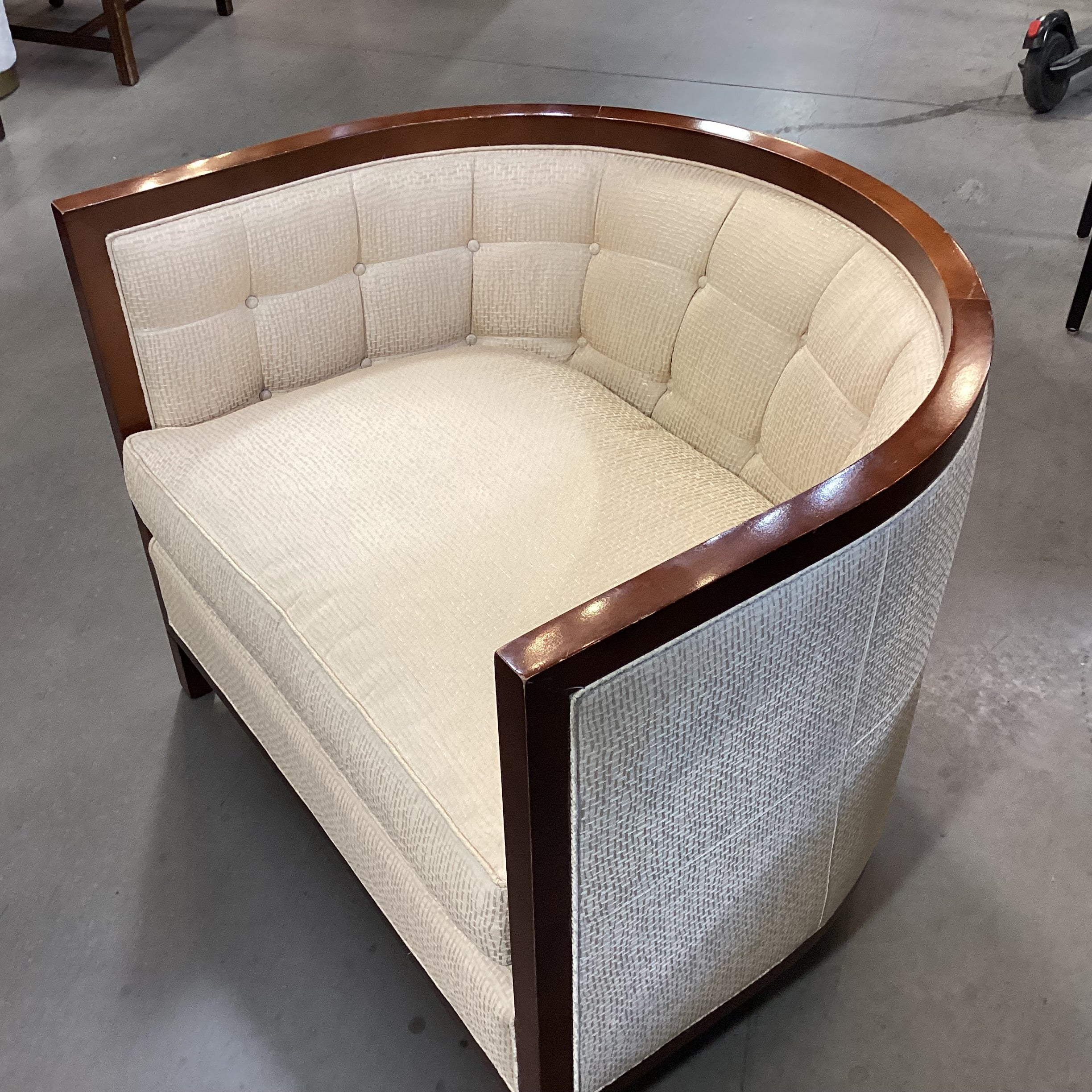 Baker Furniture Golden Silky Woven with Button Tufting Half Moon Chair 36"x 31"x 30.5"