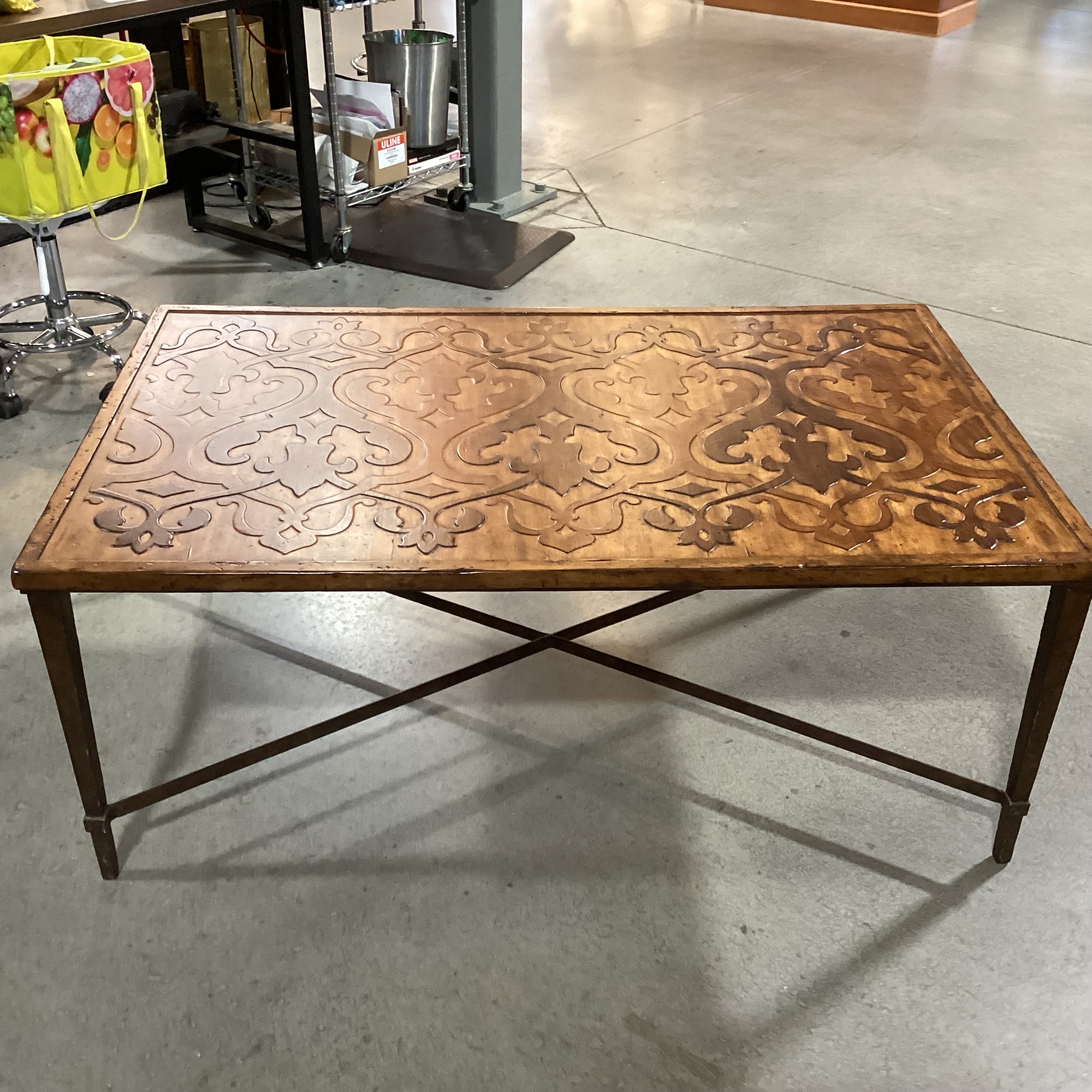 Ornate Hand Carved 2 Tone Distressed Wood & Iron X Stretcher Base Coffee Table 50"x 31"x 20"
