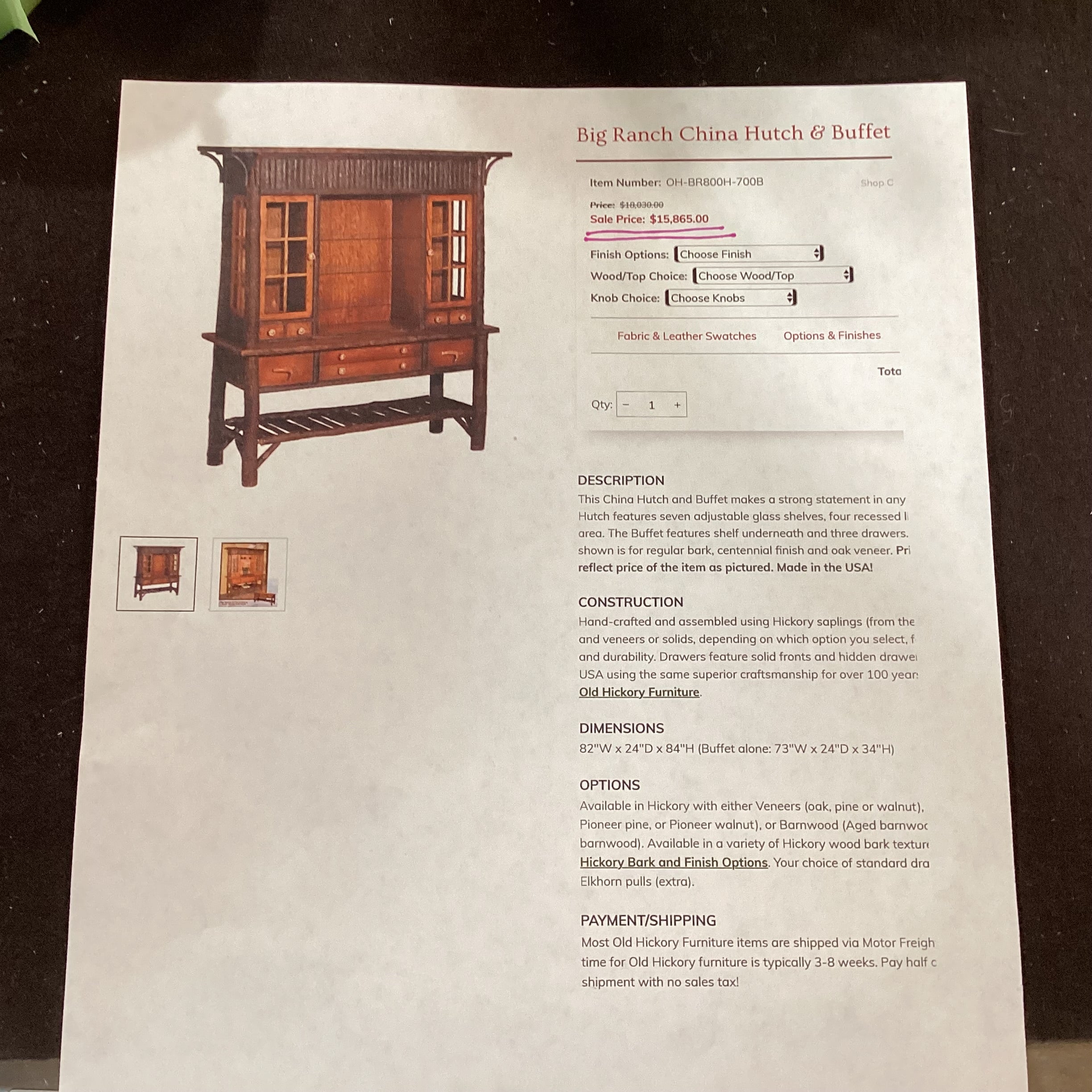 Old Hickory Lodge Craft Big Ranch Hickory Log Oak & Veneers Antler Style Pulls 2 Piece China Hutch 82"x 25.5"x 85"