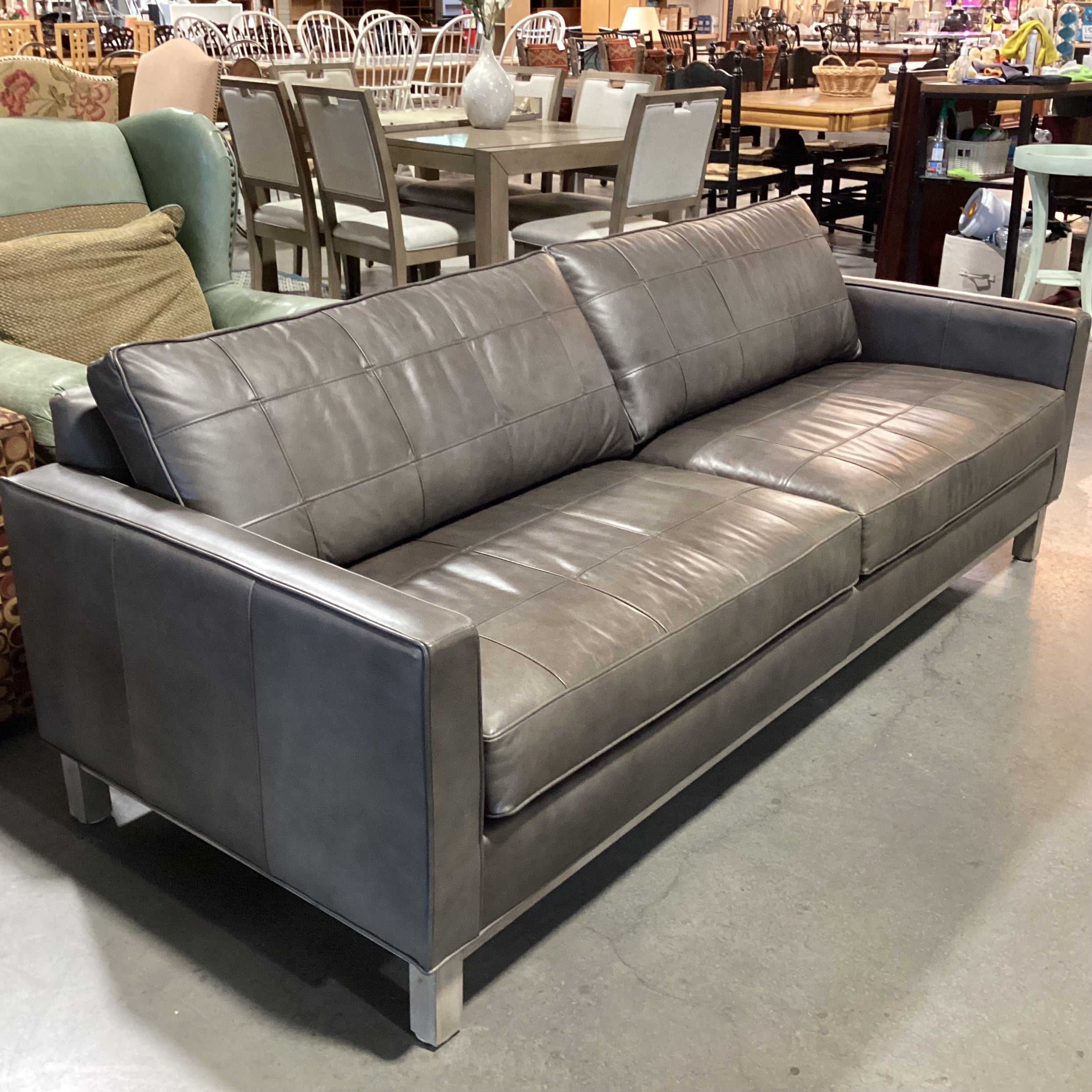 Ethan Allen Modern Grey Grid Stitched Leather Sofa 87"x 36"x 29"