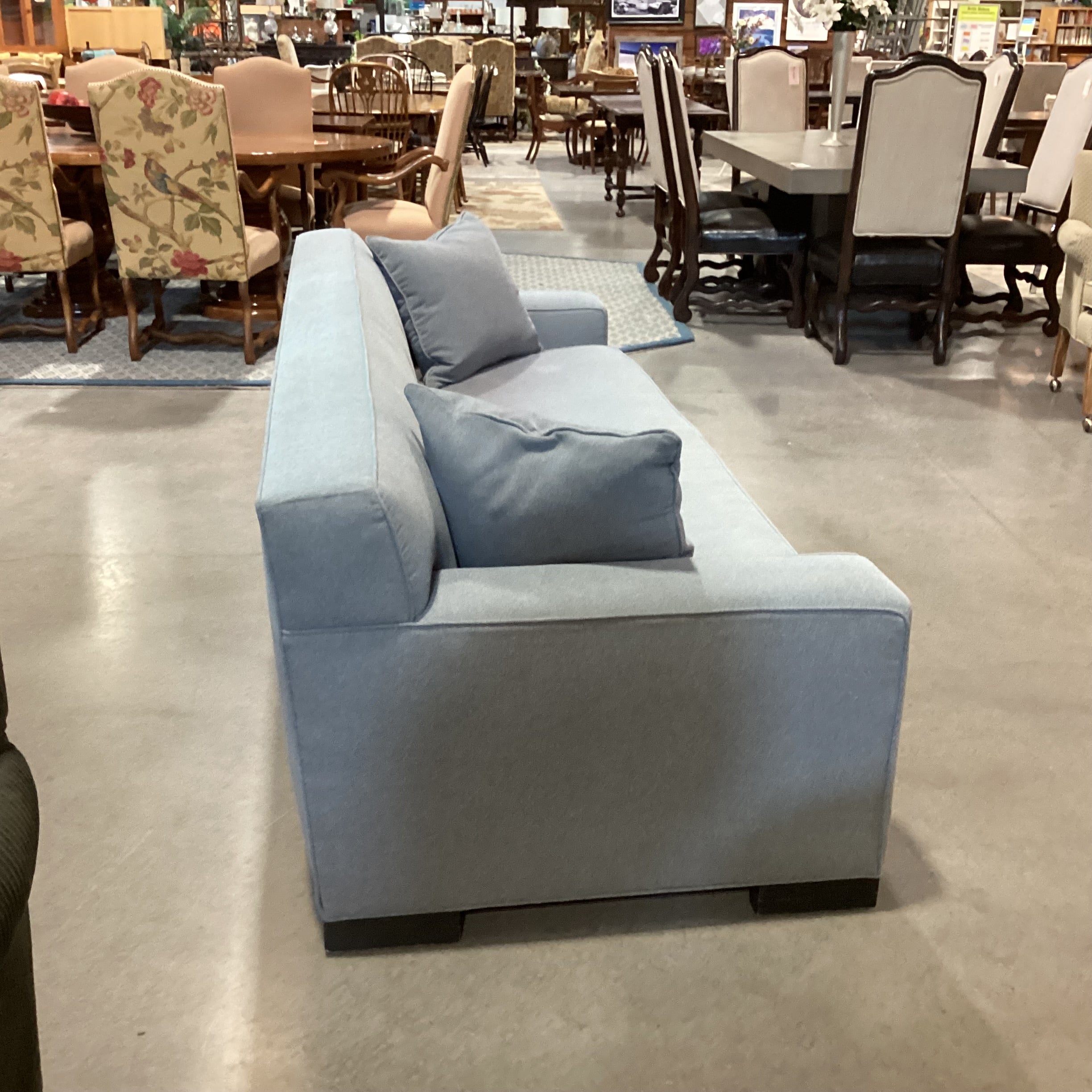 Mid Century Modern Style Blue Grey Wool Button Tufted Back Long Sofa 98"x 36"x 30"