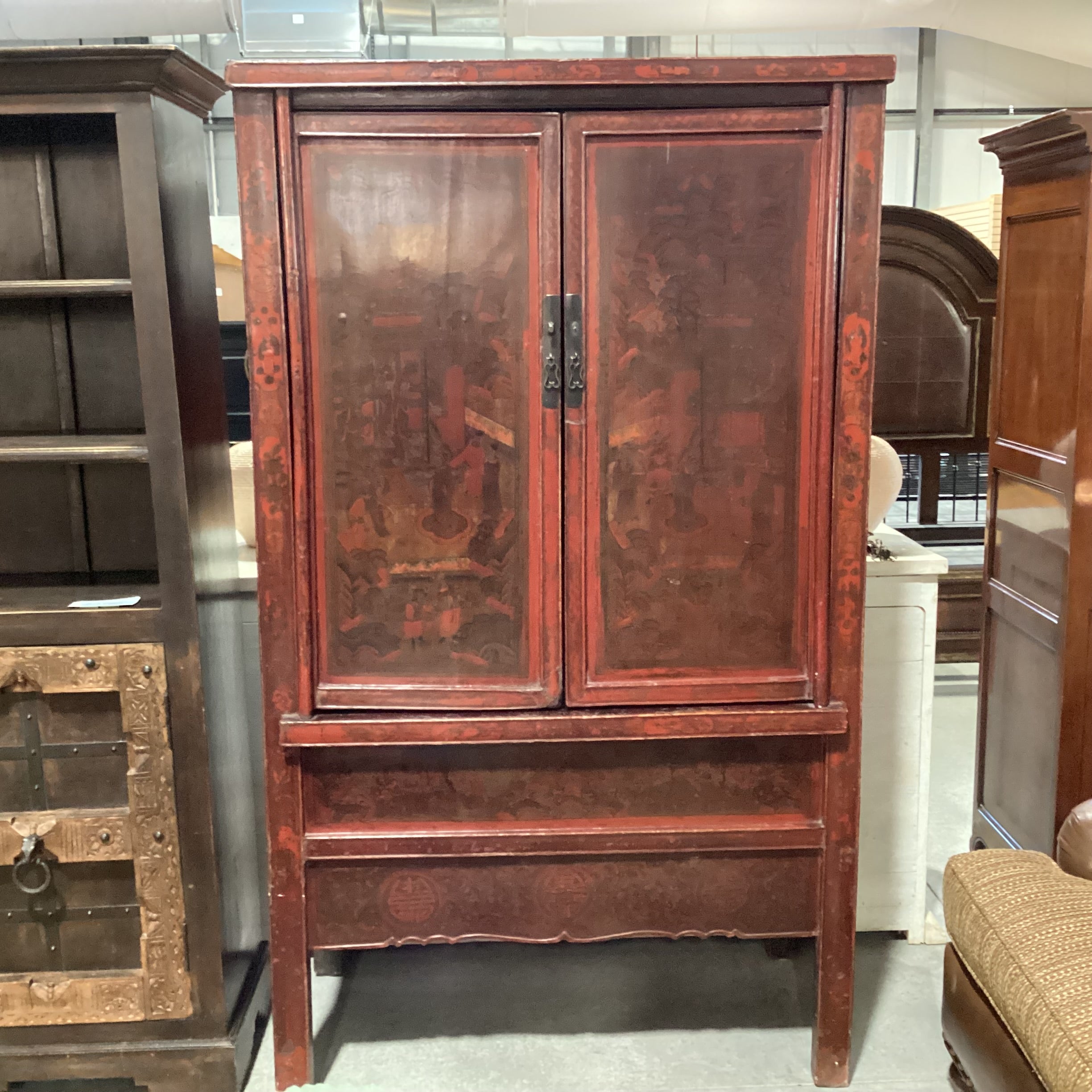 Antique Asian Red Lacquered 2 Door Armoire 45"x 23"x 77"