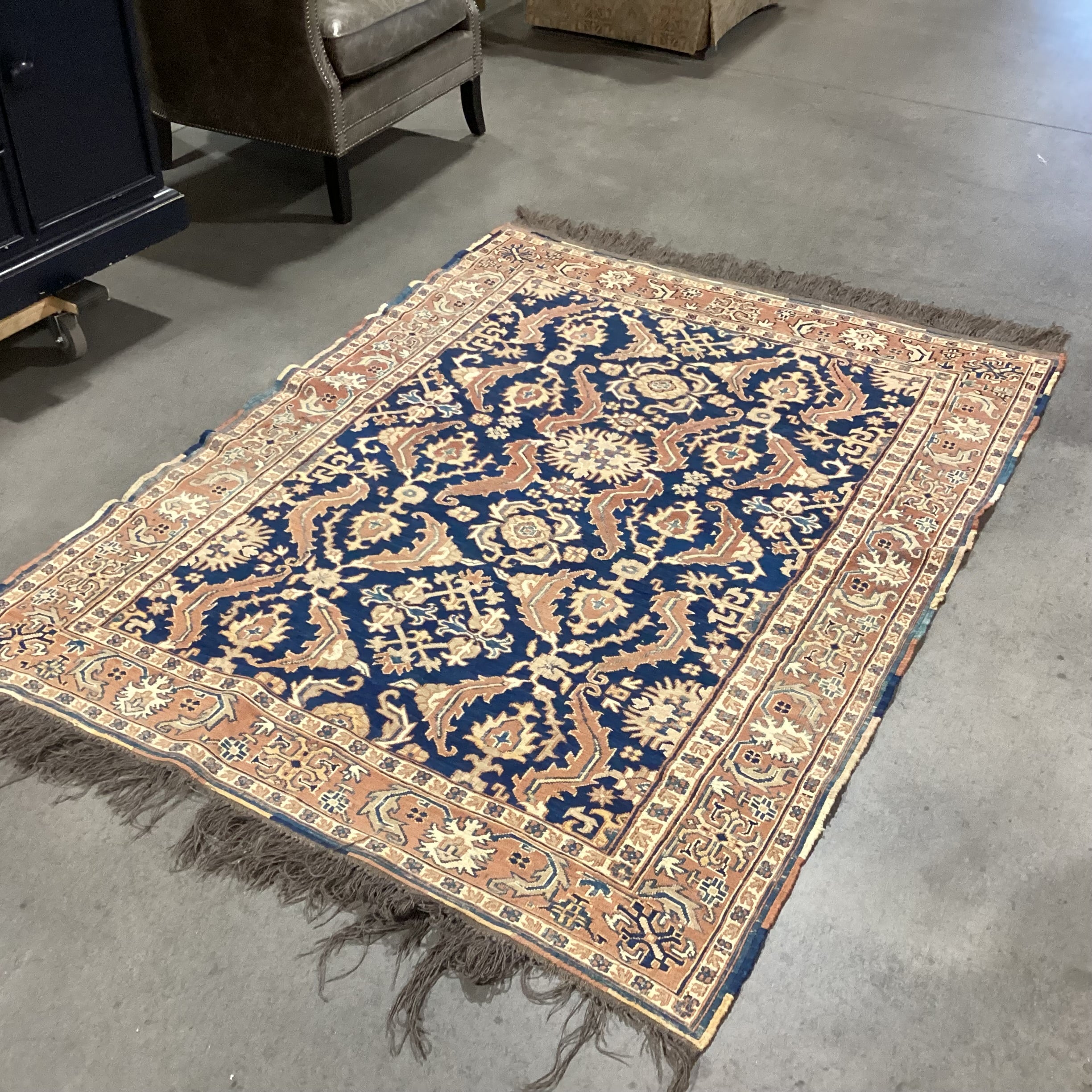 Vintage Antique Terracotta & Blue Hand Woven Wool Rug 4'9"x 7'