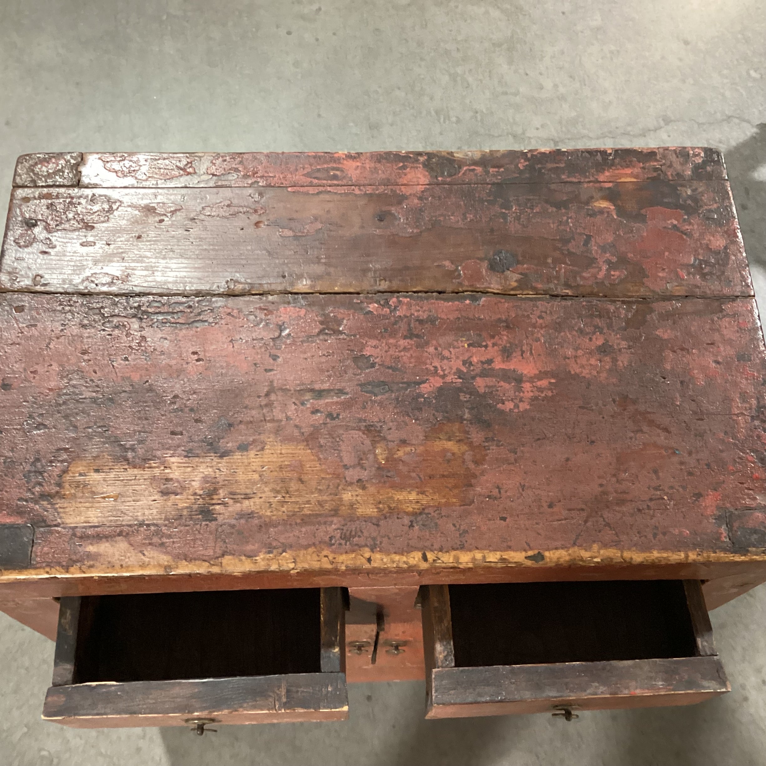 Vintage Antique Asian Carved Wood Red & Gold Painted 2 Drawer 2 Door Cabinet End Table 22"x 13.5"x 26"
