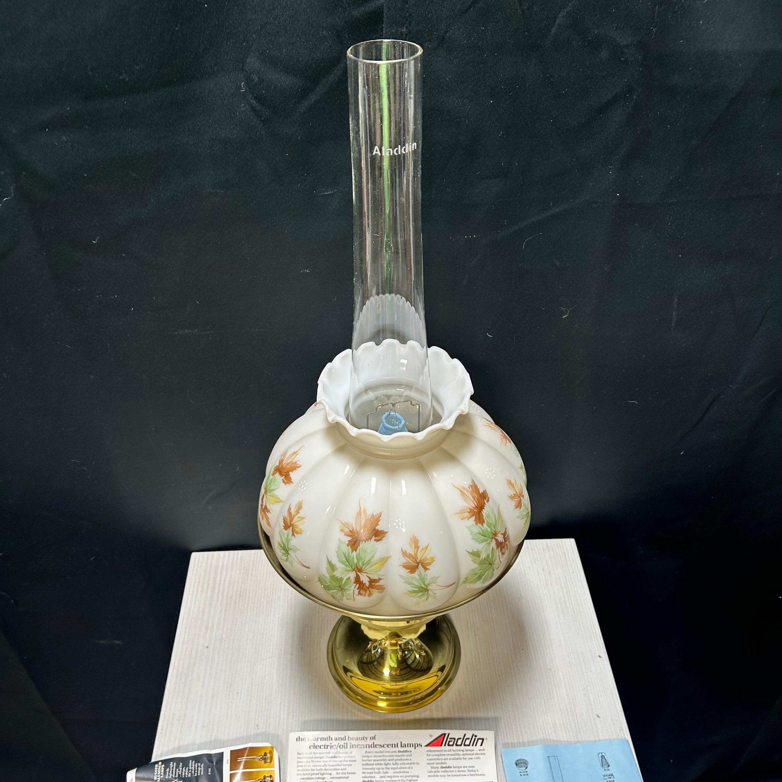 Vintage Aladdin New Out Of Box Kerosene Lamp  & Floral Milk Glass 10"x 27"