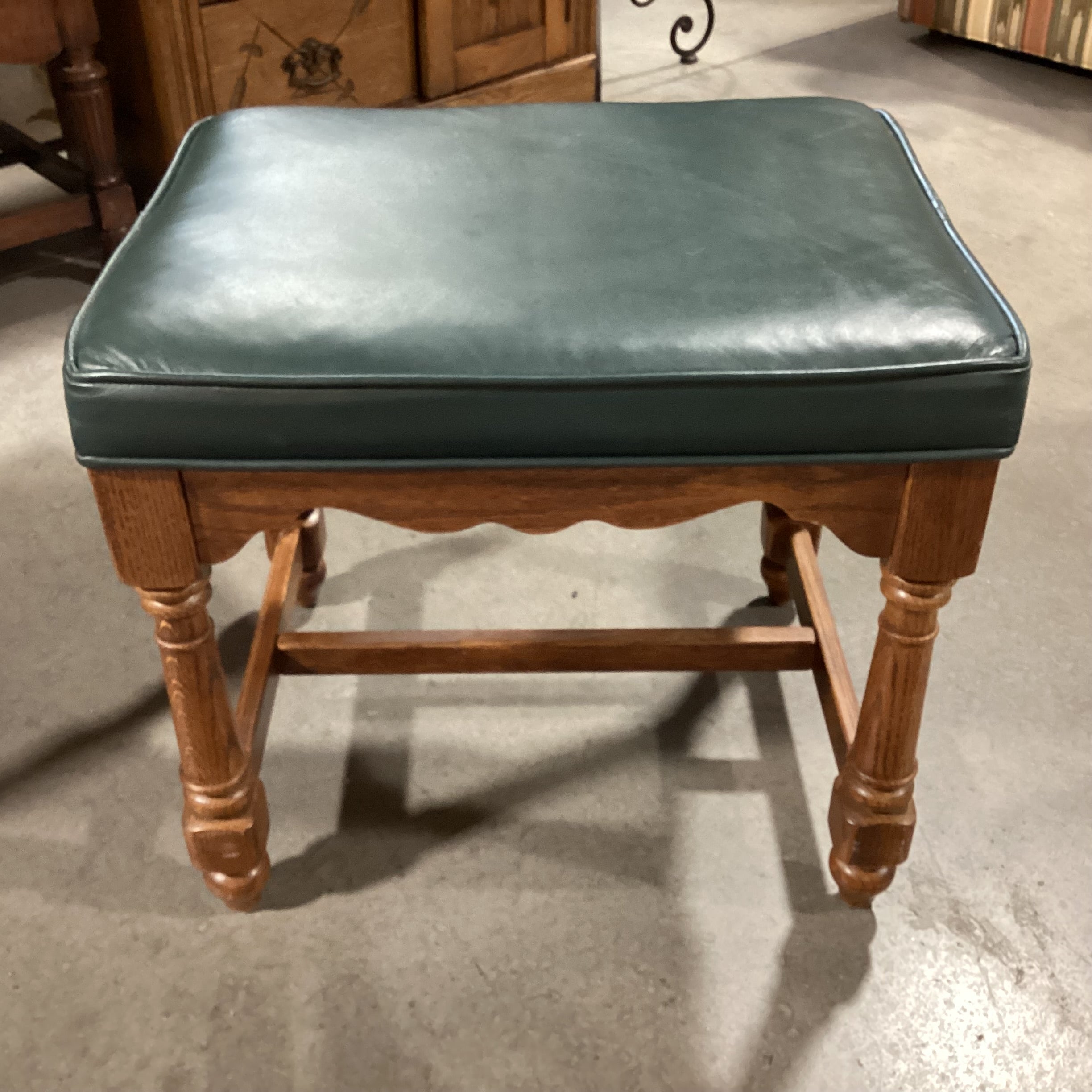 Forest Green Leather & Carved Wood Stool Ottoman 21"x 17"x 18.5"