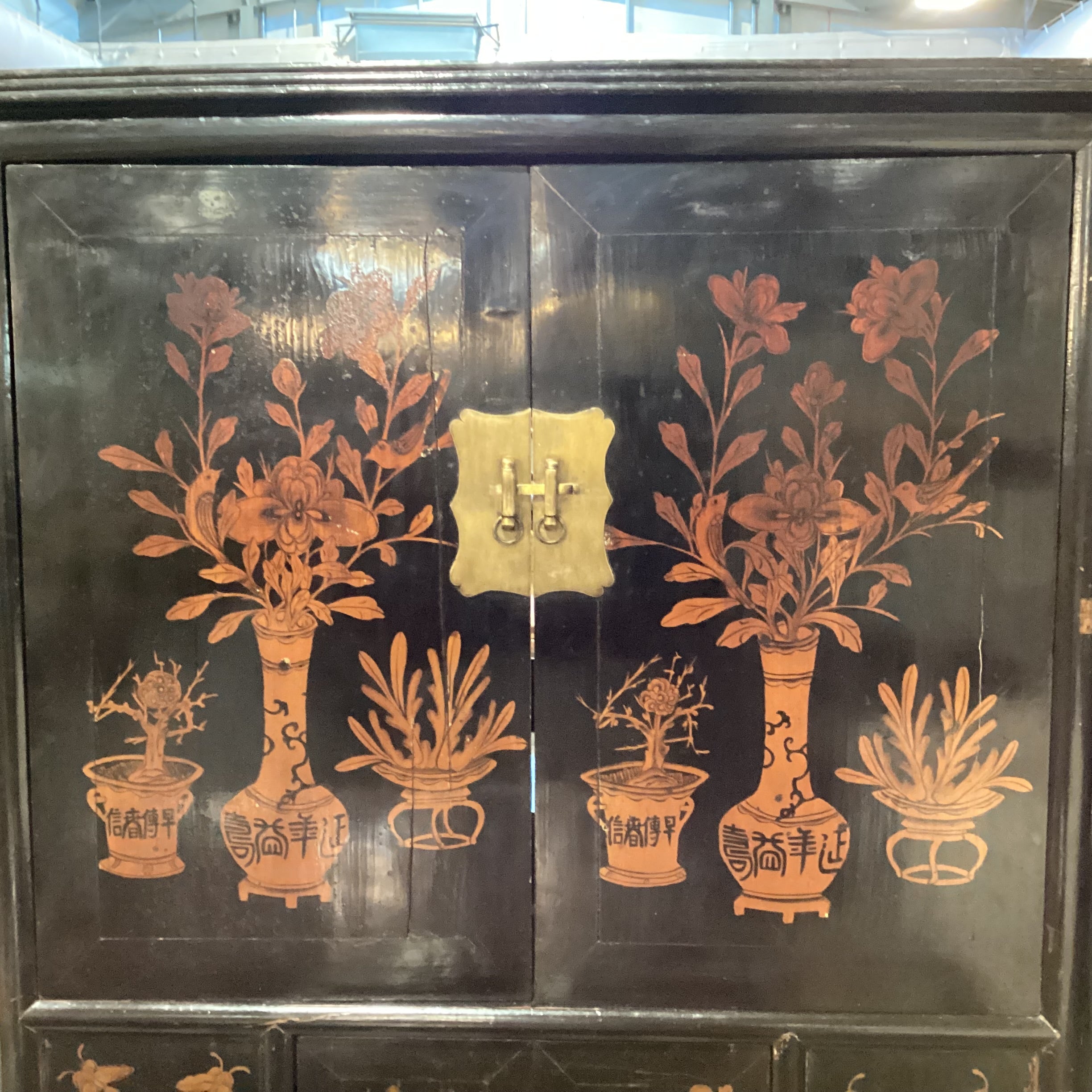 Vintage Antique Asian Black Lacquer & Gold Painted Vase Florals 4 Door with Shelves Armoire 52"x 23"x 79"