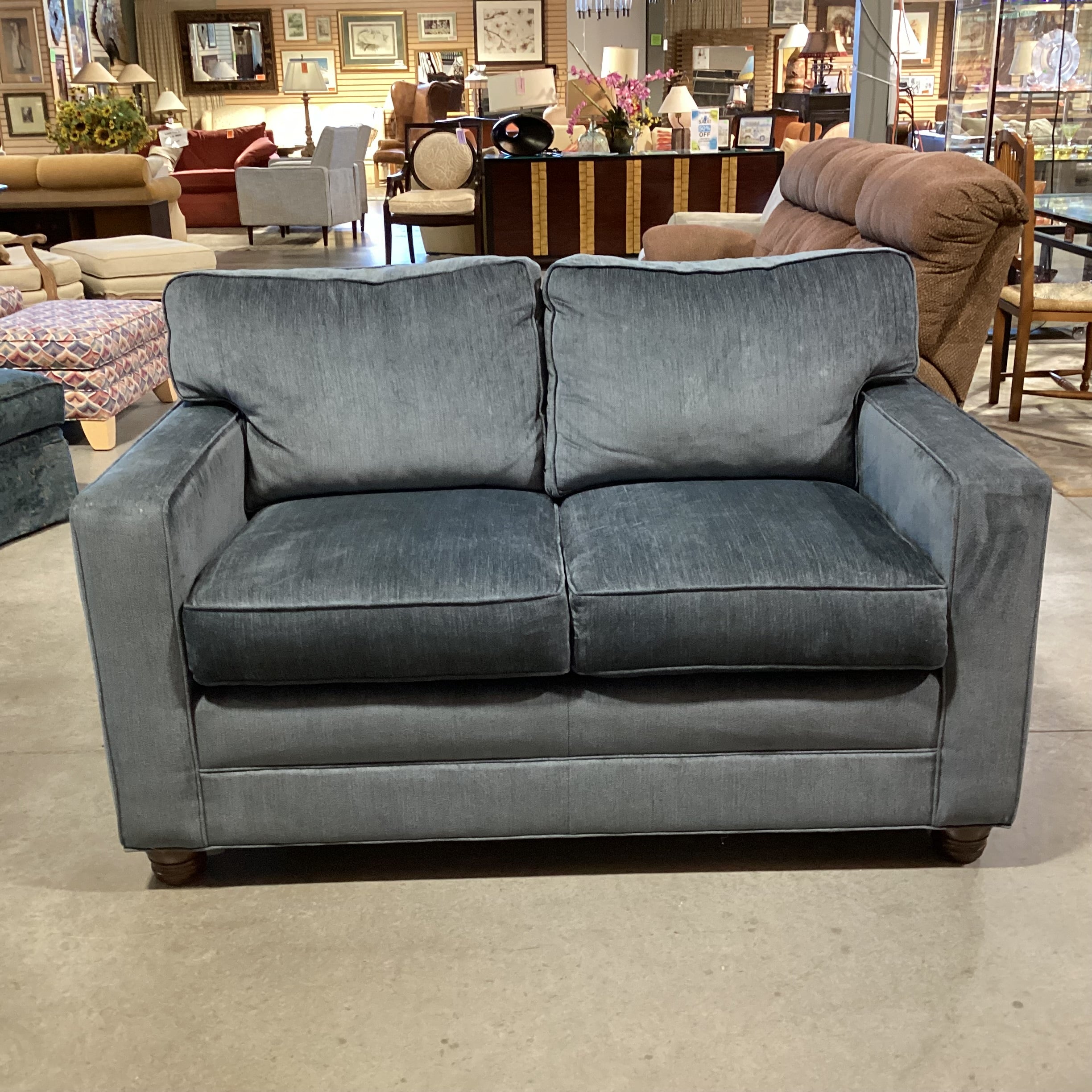 Kravet Furniture Blue Chenille Woven Down Mix Loveseat Sofa 58"x 38"x 33"