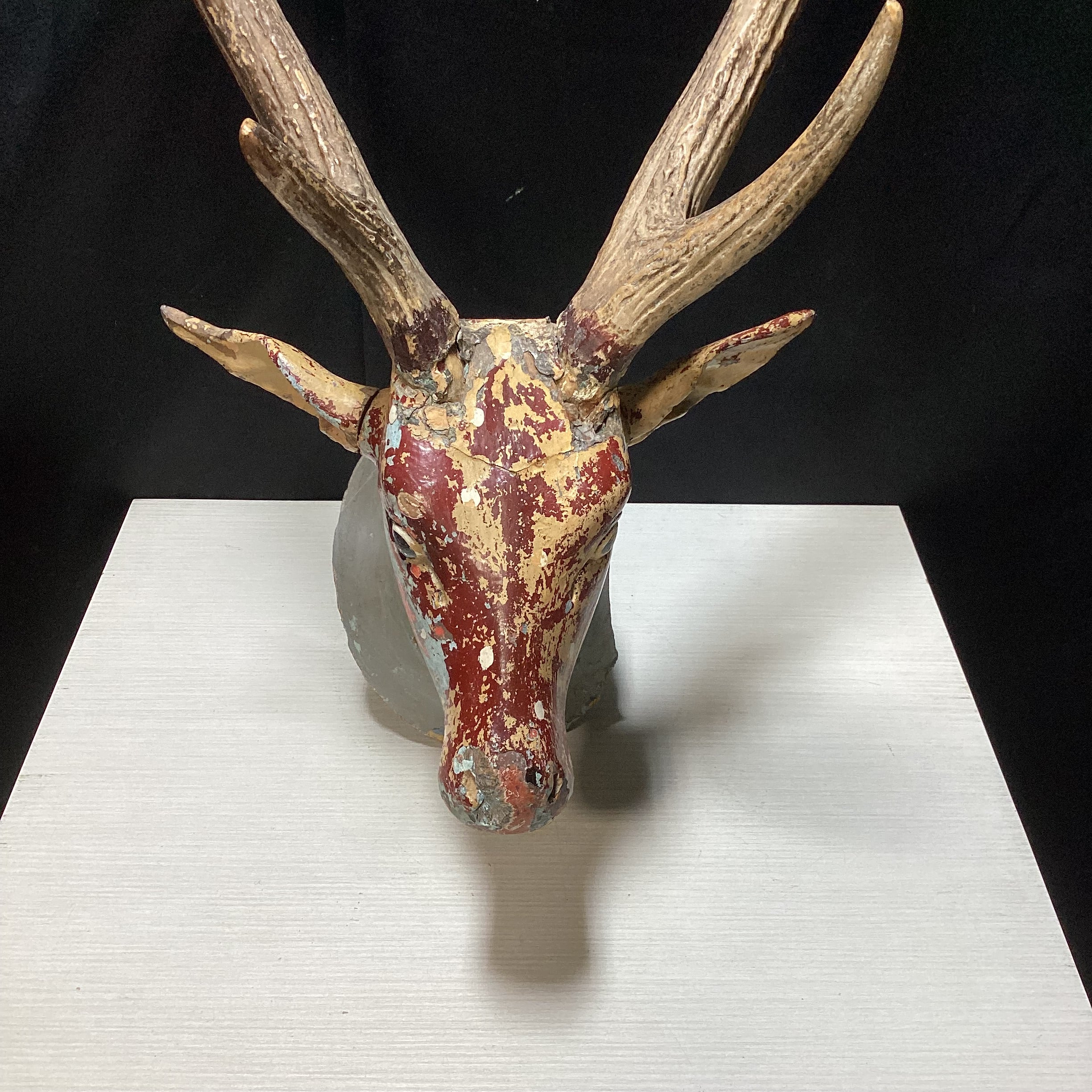 Antique - Vintage Carved Wood Deer Head With Real Antlers 14" x 28"