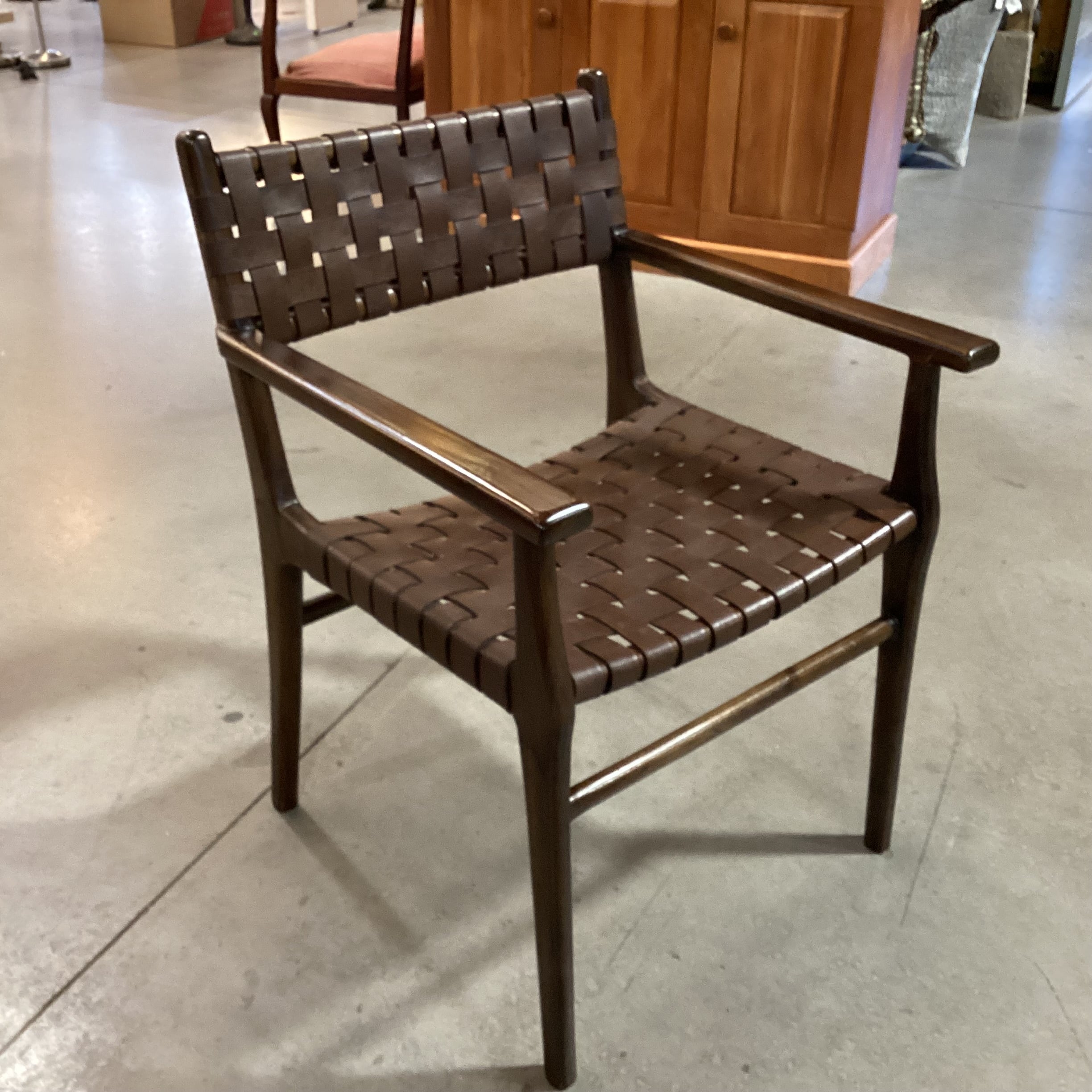 Mid Century Style Dark Finish Wood & Leather Basket Weave Chair 24"x 24"x 34"