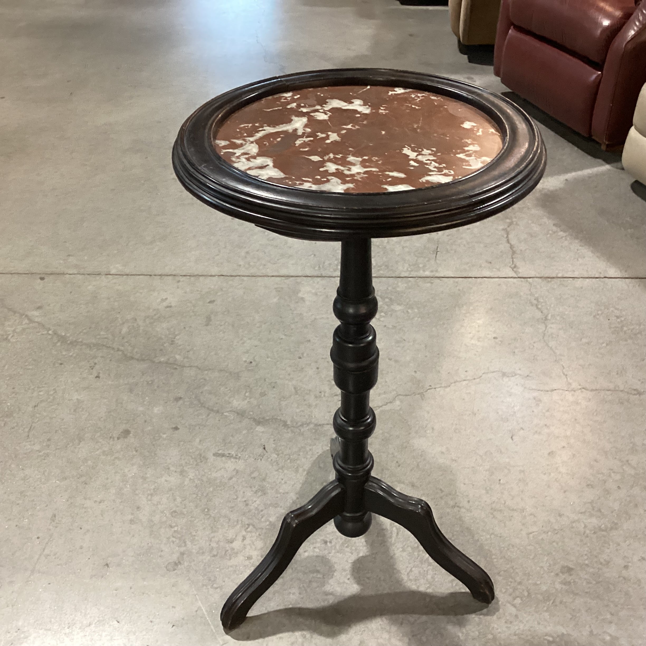 Antique Carved Wood Pedestal & Marble Round Accent Table 17" Diameter x 30.5"