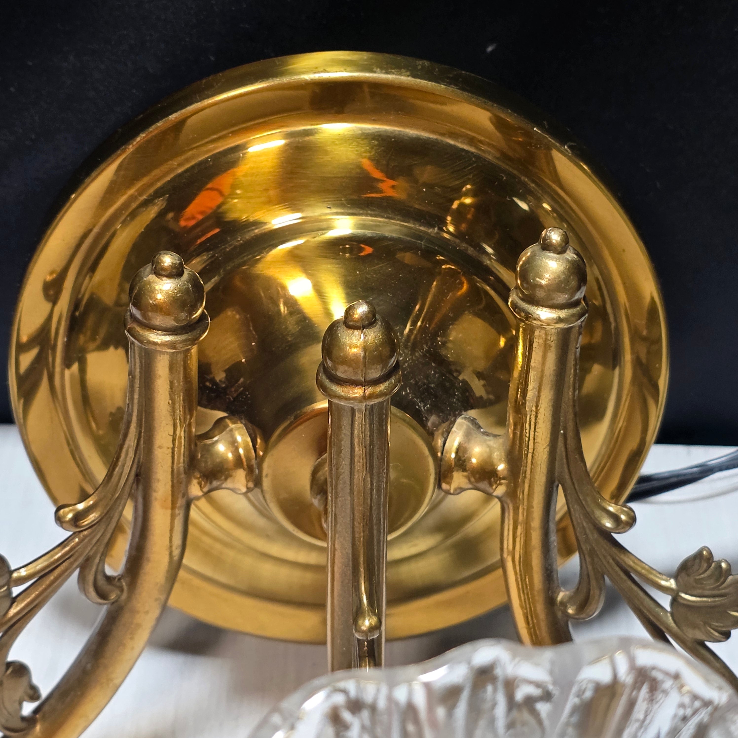 Vintage Brass Floral Three Light Sconce with Amber/Gold Flecks in Glass and Leafy  Arms17"x13"x7"