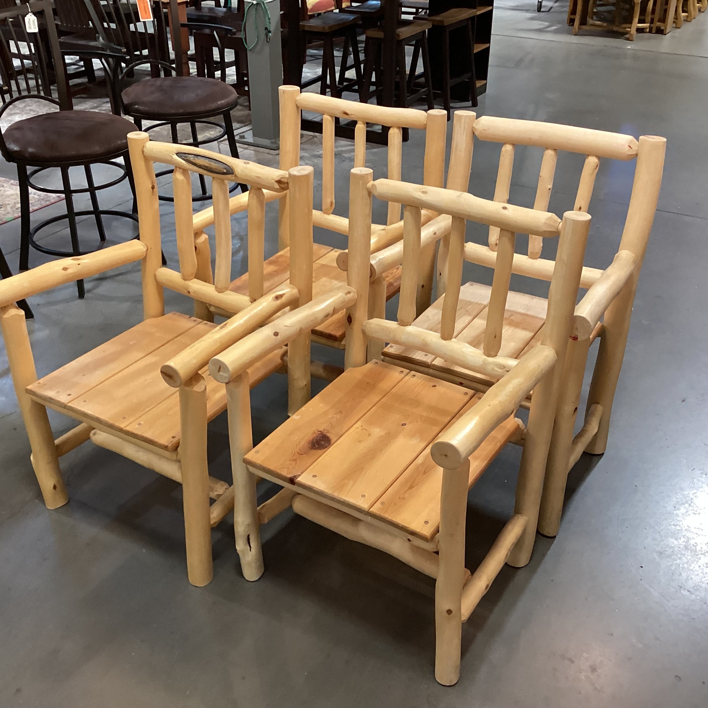 SET of 4 Natural Peeled Log with Plank Seat Armed Dining Chairs 23"x 22"x 36"