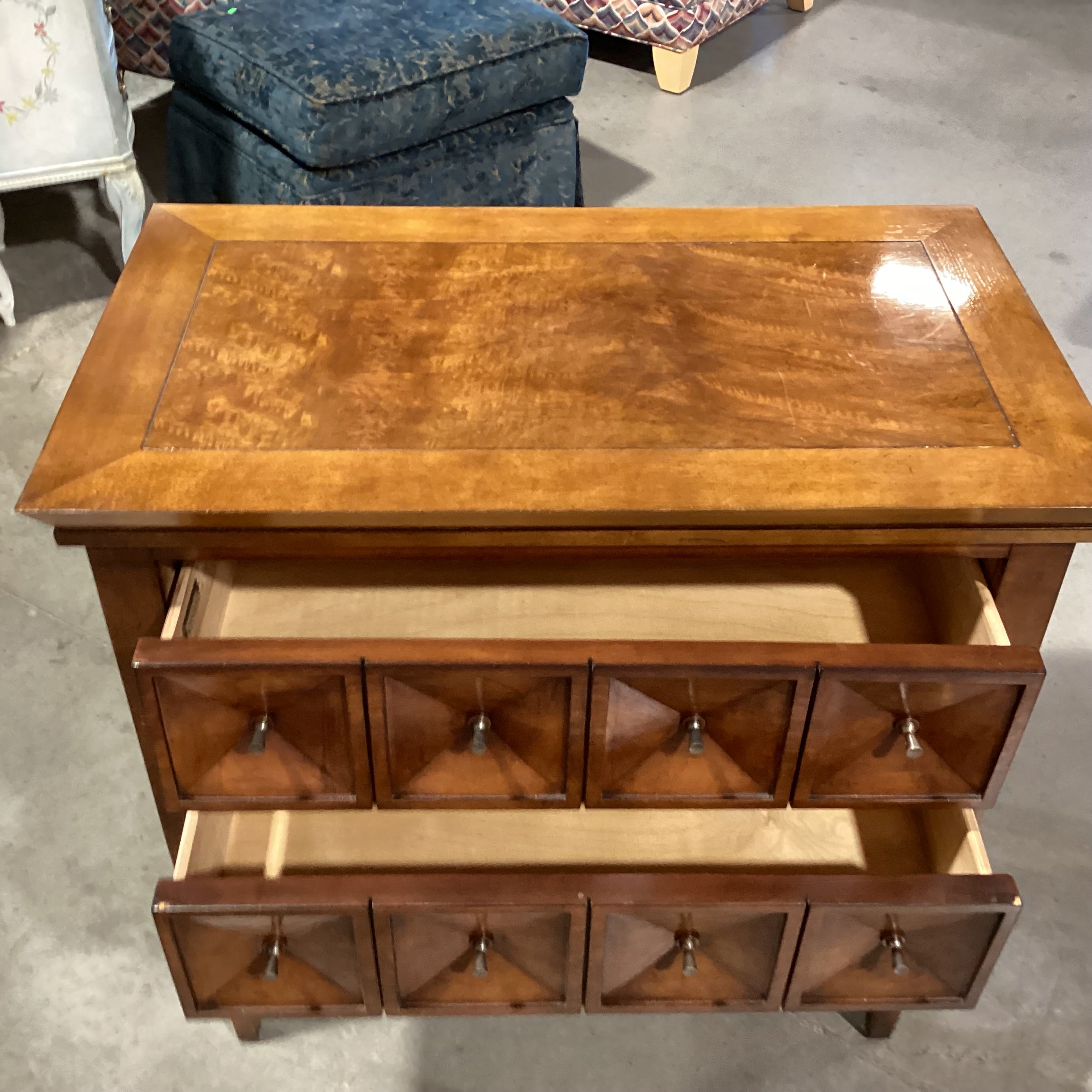 Century Furniture Finished Wood & Burl Veneer 2 Drawer Geometric Look Front Chest 32.5"x 19"x 32.5"