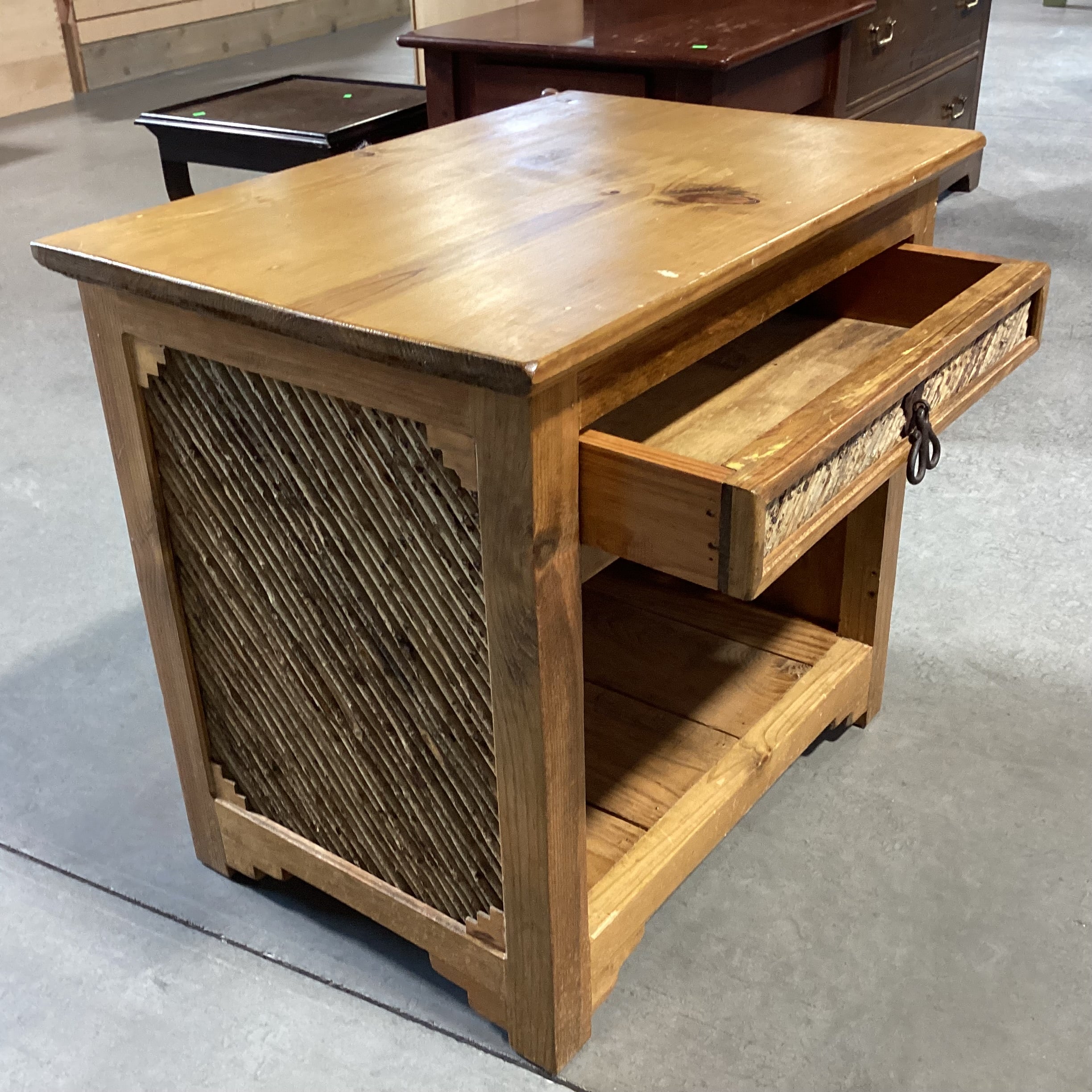 Rustic Solid Pine & Twig Side & Drawer Detail End Table 26"x 18"x 24"