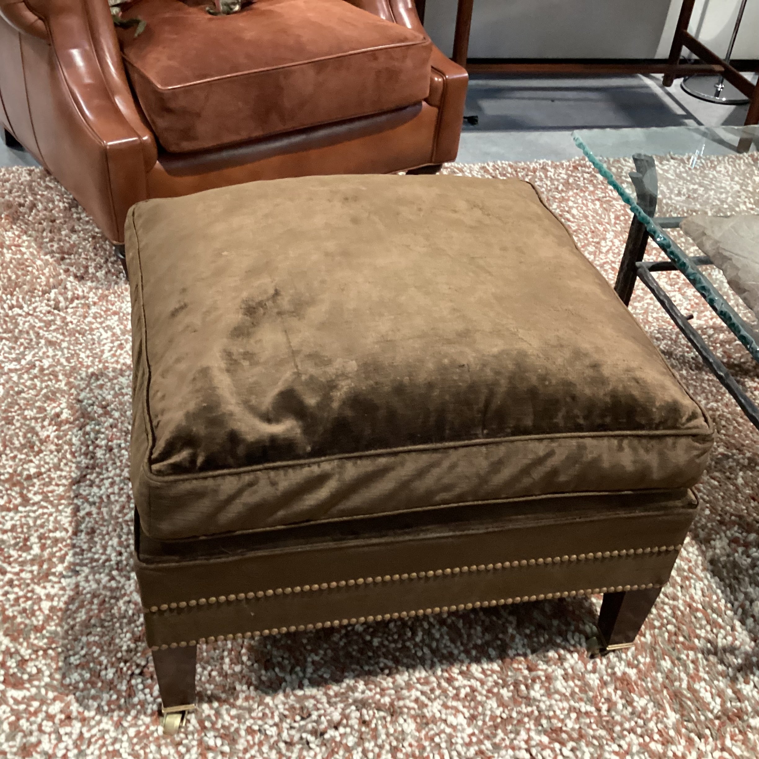 Custom Brown Velvet Nailhead & Brass Casters Down Mix Ottoman 26"x 26"x 19"