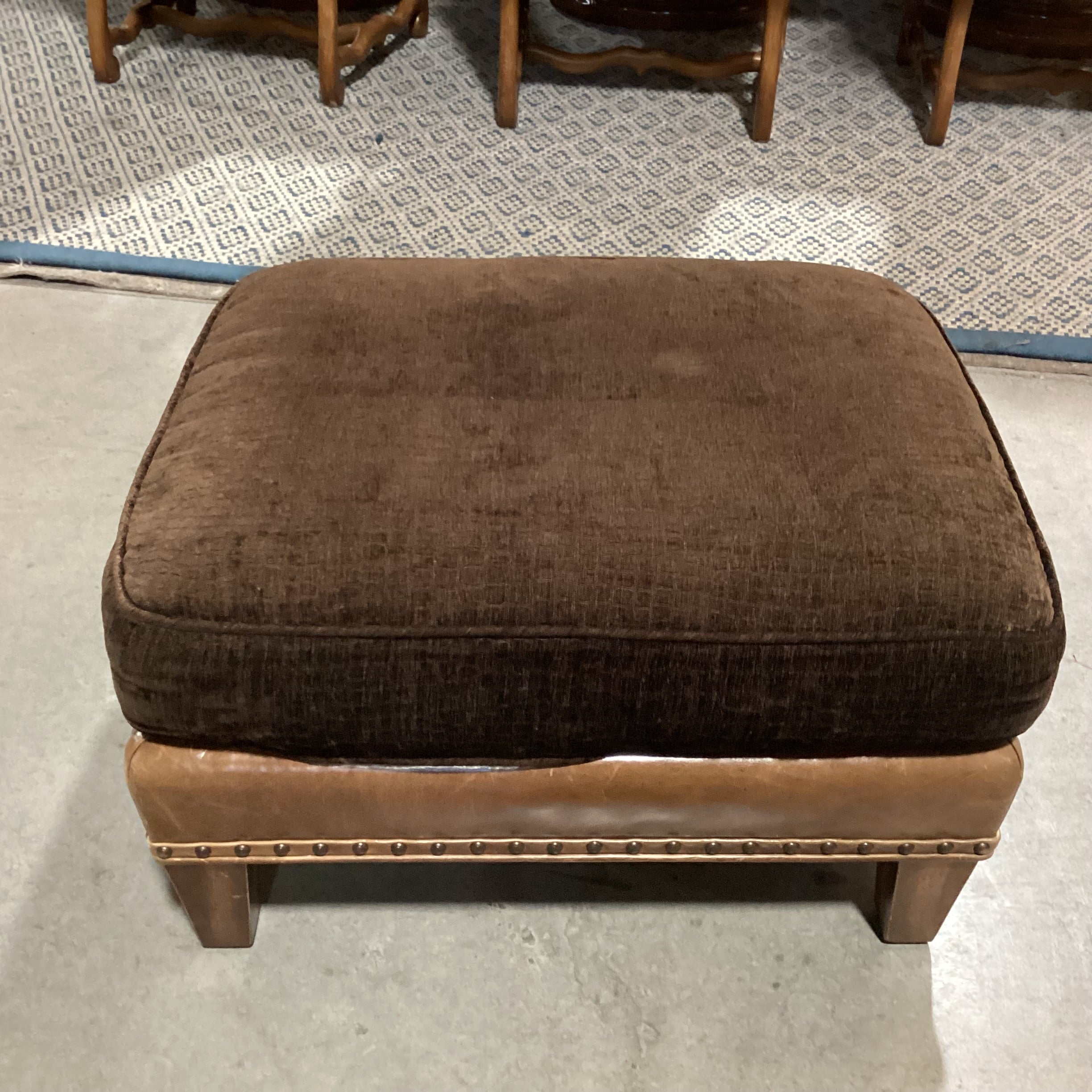 Wesley Hall Collection Distressed Leather Nailhead & Brown Upholstered Ottoman 26"x 21"x 15"