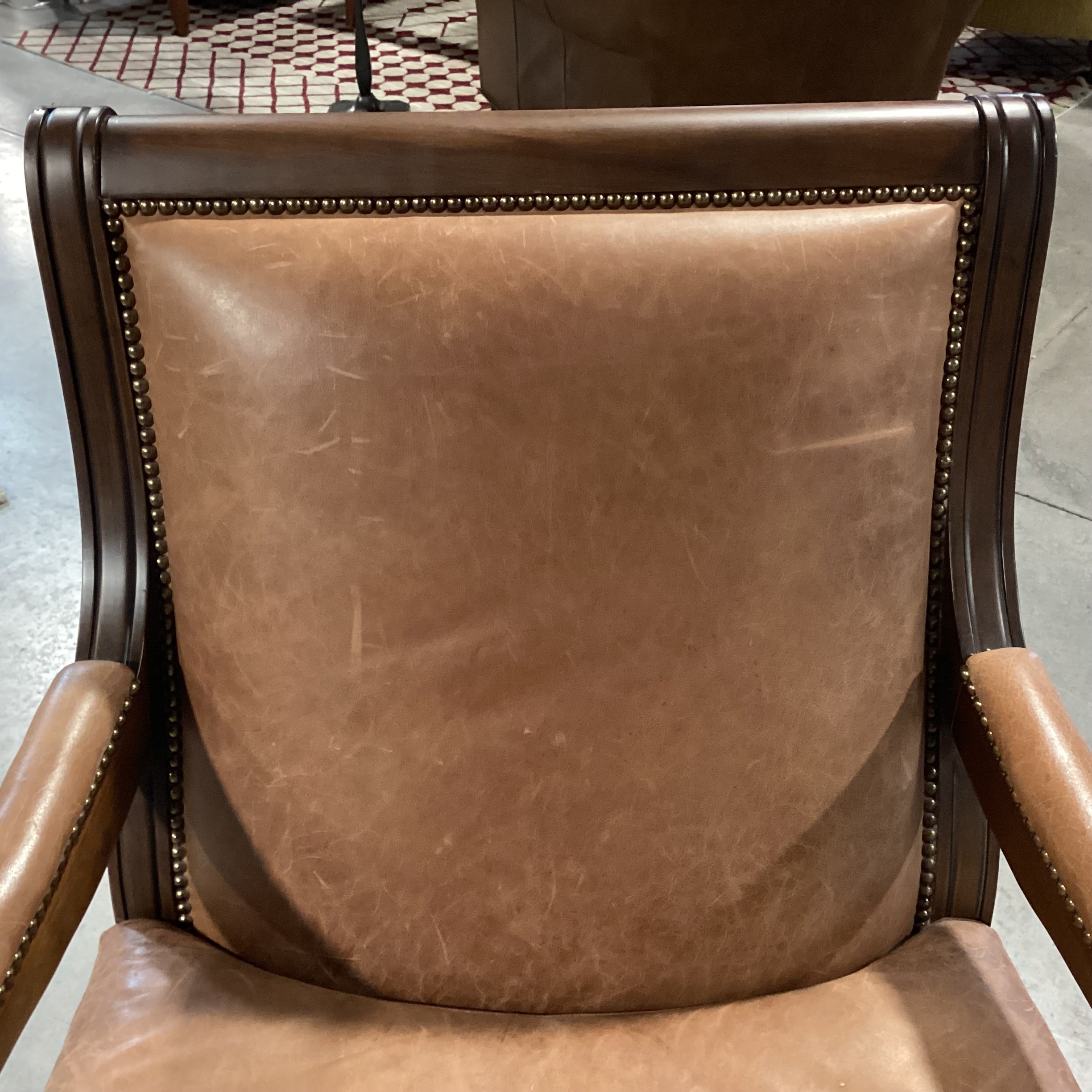 Carved Scroll Arm & Leather Nailhead Chair 29"x 33"x 39"