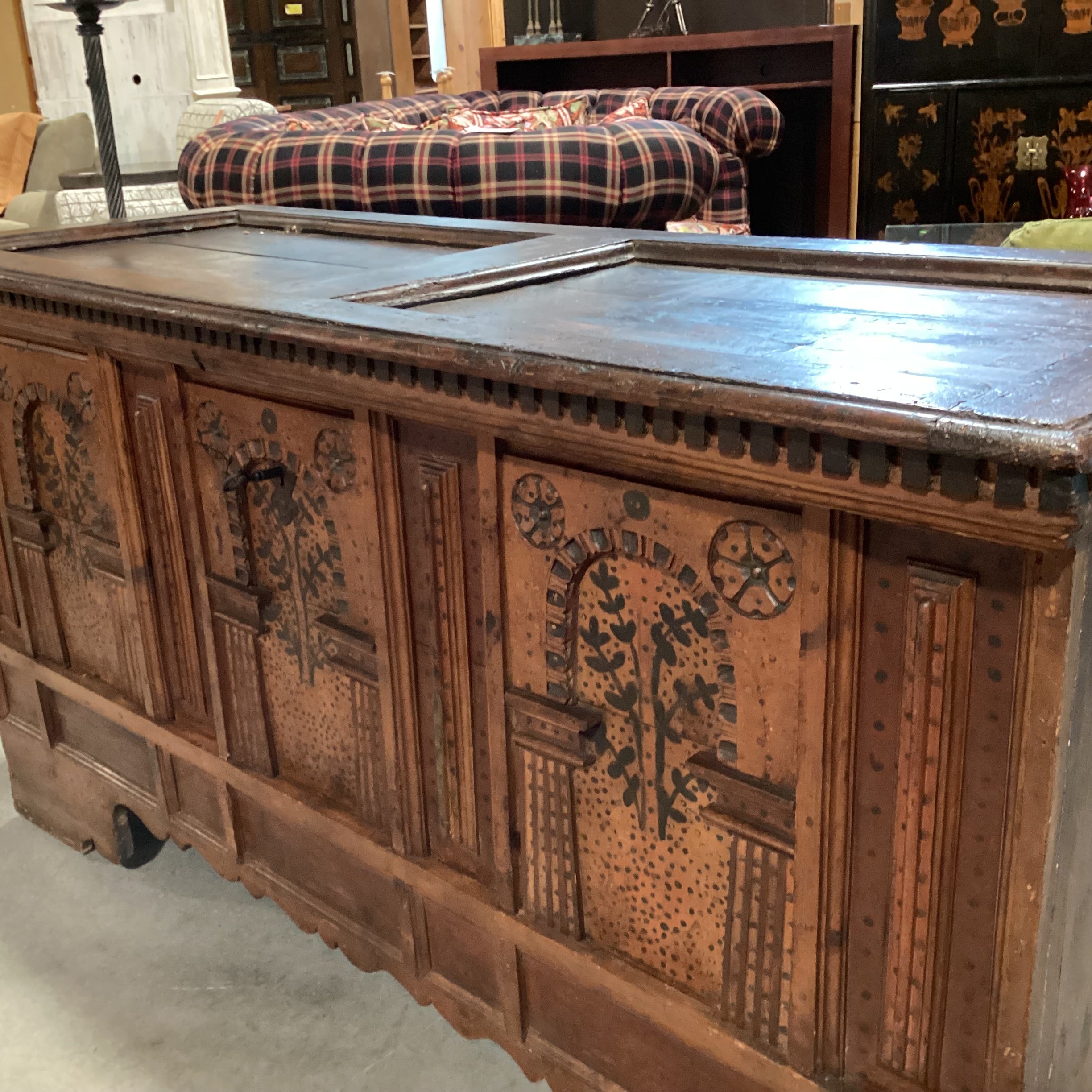 Antique 18th Century European Carved Wood Floral Panels Dental Detail Chest Trunk 70"x 27"x 36.5"