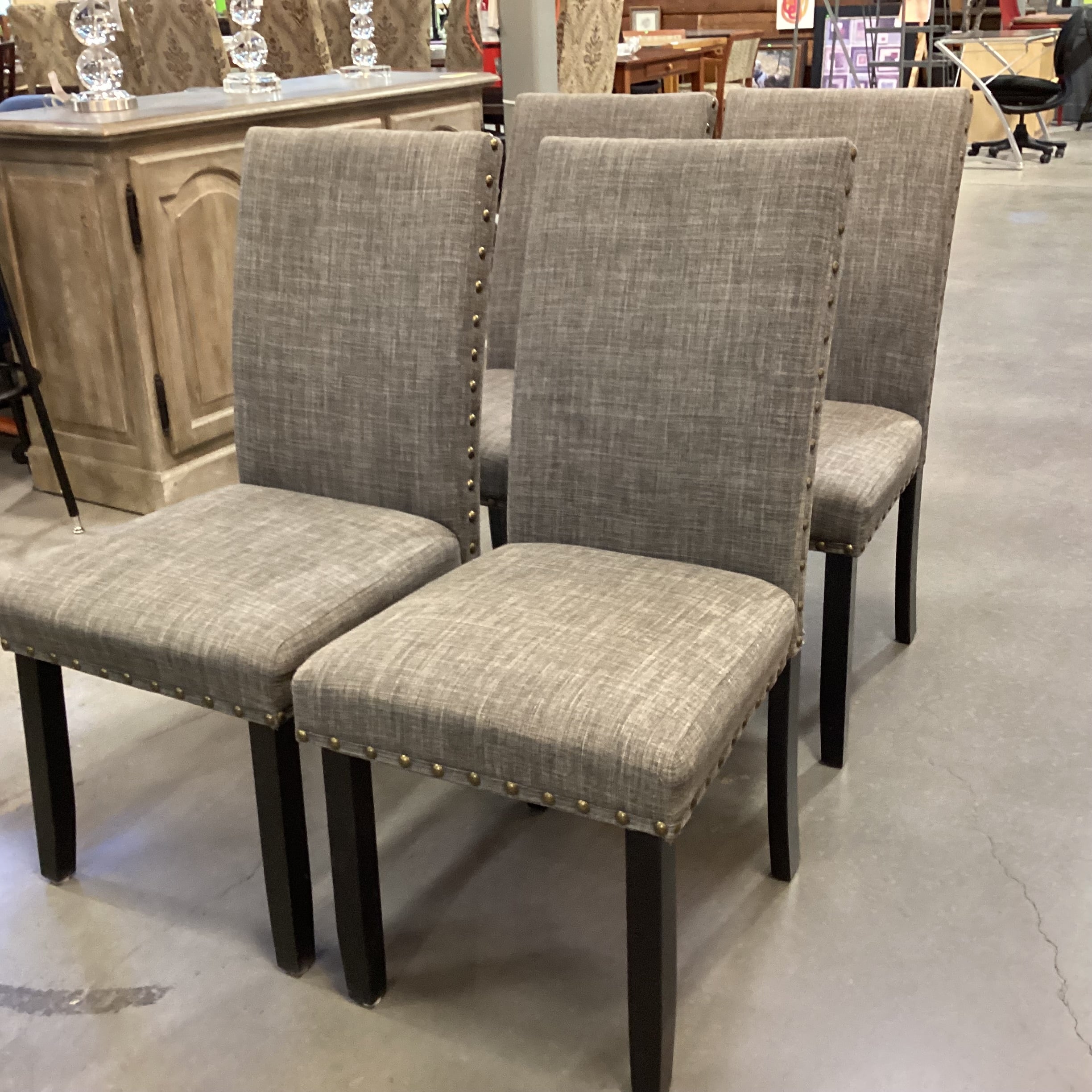 SET of 4 Charcoal Woven Nailhead & Black Wood Legs Dining Chairs 19"x 24"x 38"