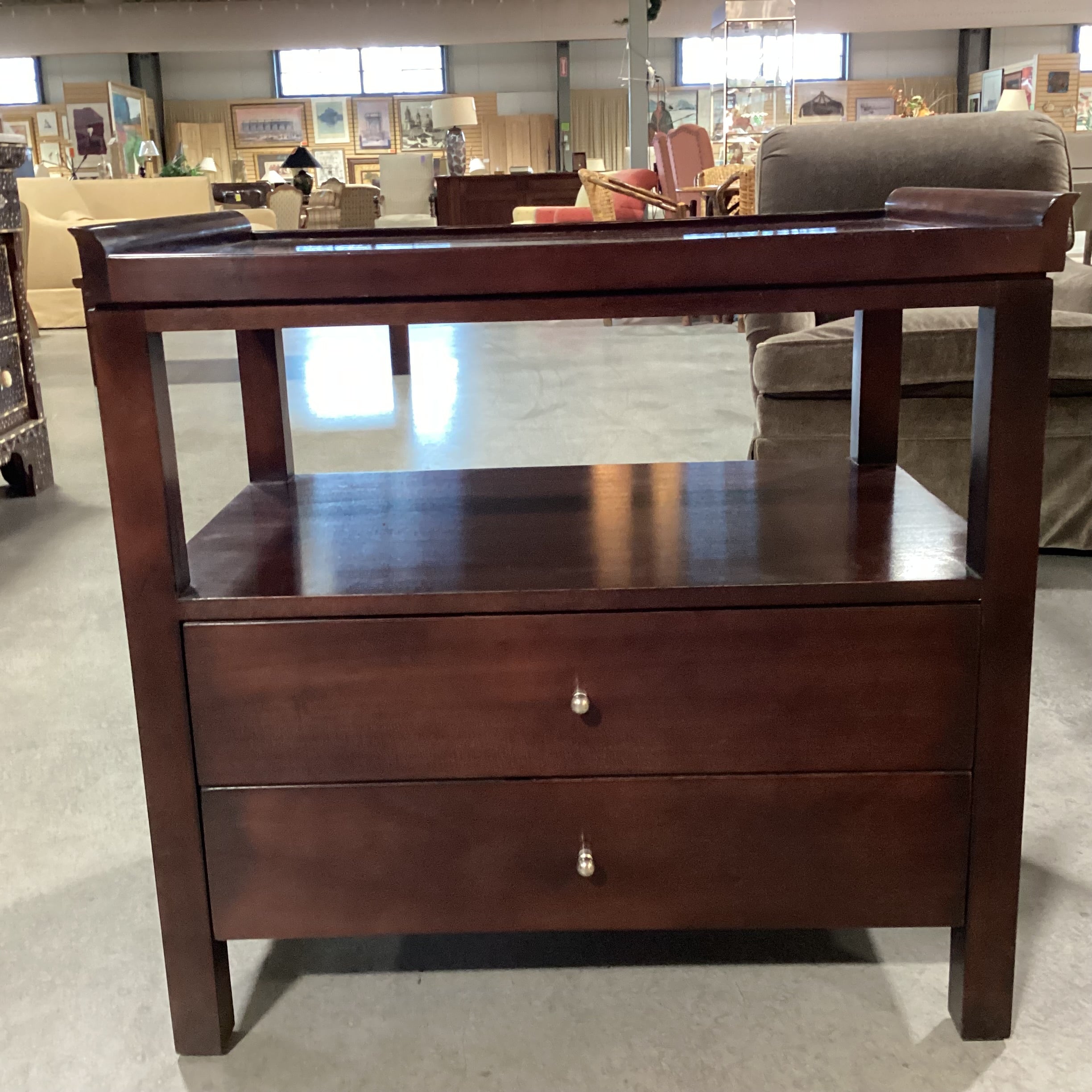 Baker Furniture Mahogany 2 Drawer with Open Shelf & Tray Top End Table 30.5"x 20"x 29.5"