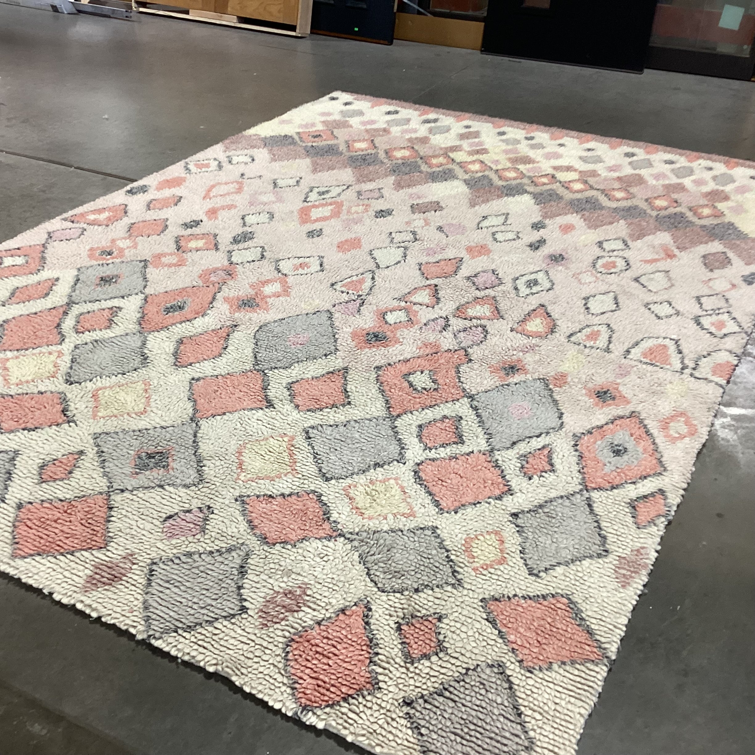 Opal House Cream Coral Pink & Grey Diamond Pattern Wool Rug 7'x 10'