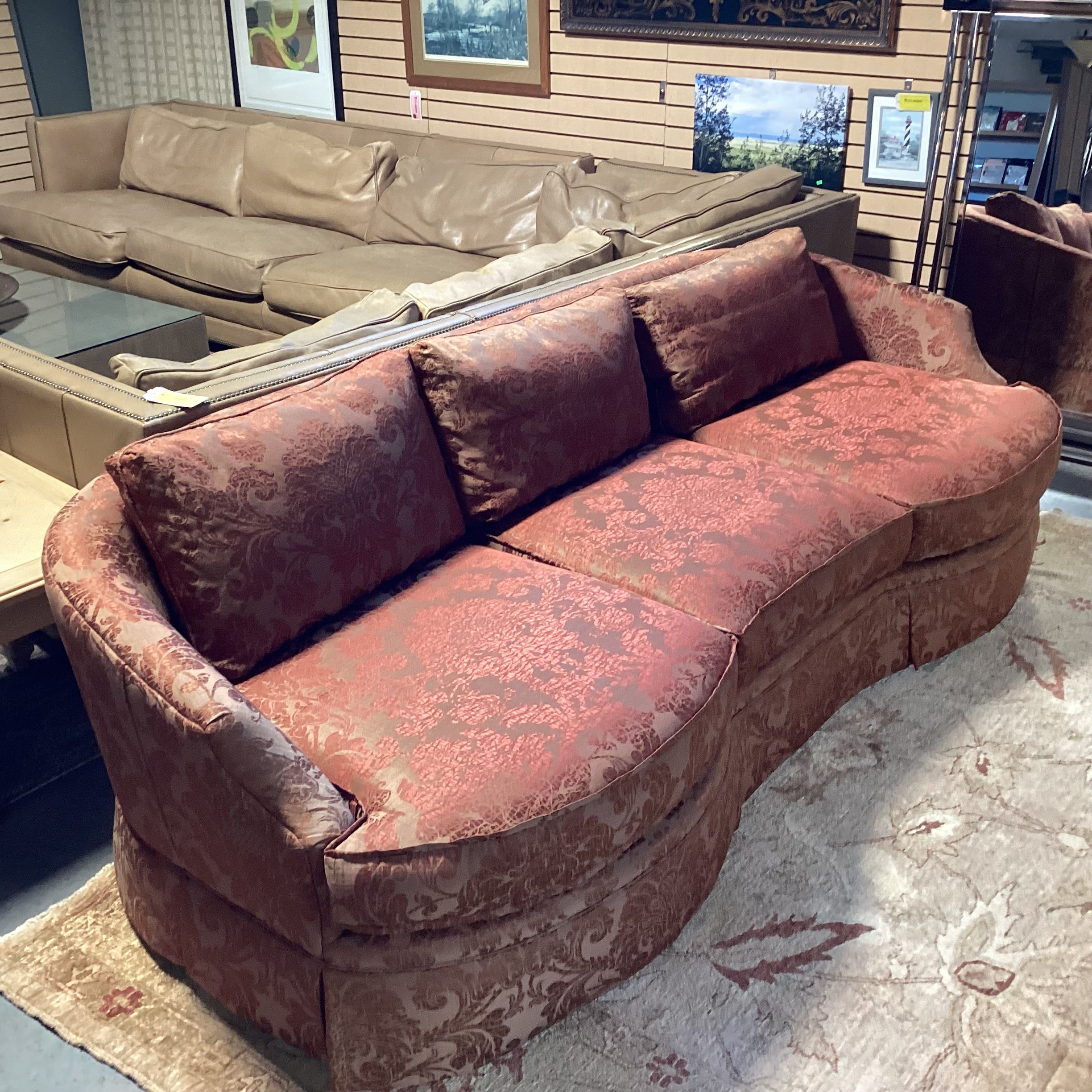 Custom Golden Burnt Orange Ornate Silky Metallic Floral Down Mix Curved Sofa 107"x 44"x 32"